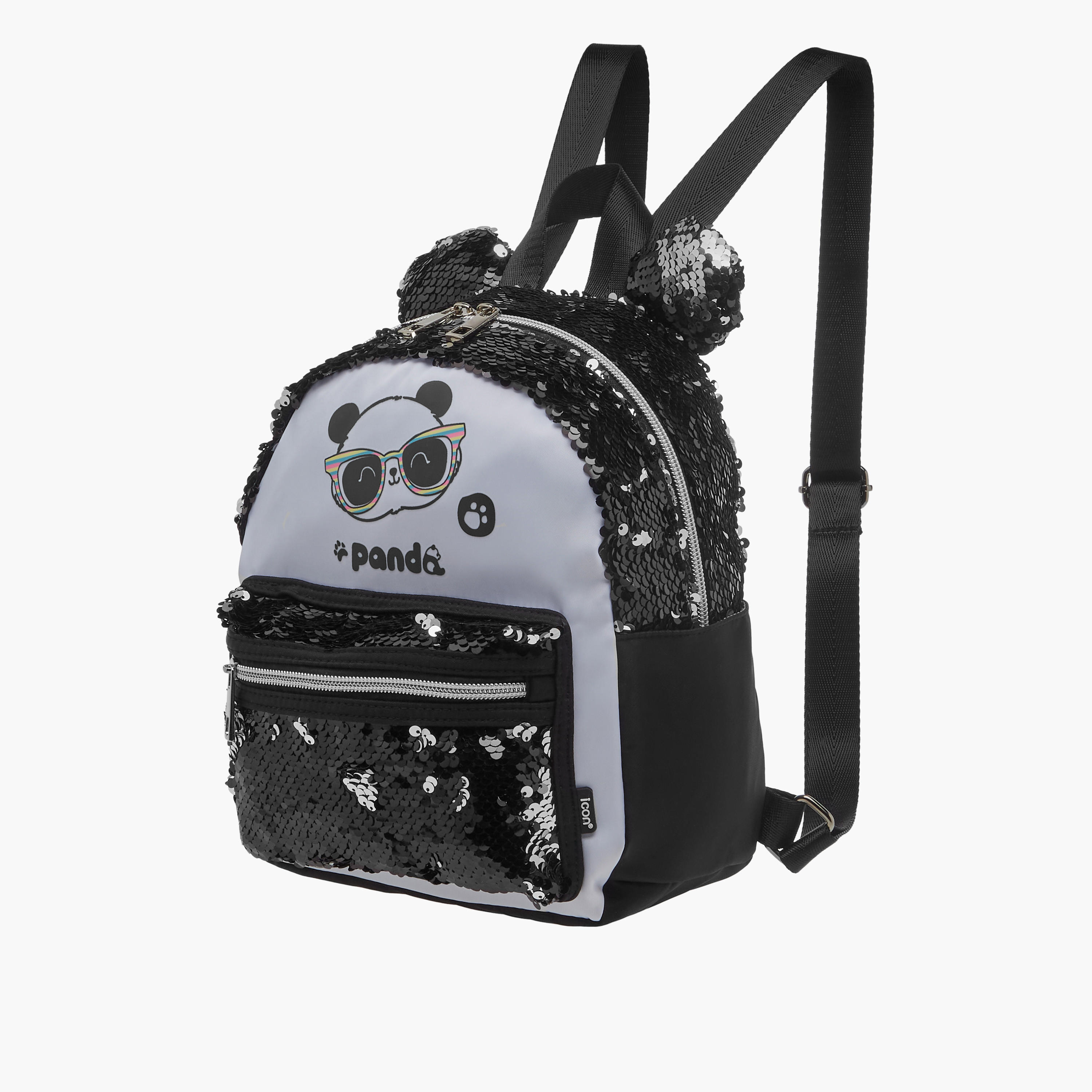 icon Panda Print Sequinned Backpack with Adjustable Straps - 27x23x11 cms-school-bagsandbackpacks-backpacks-image-2