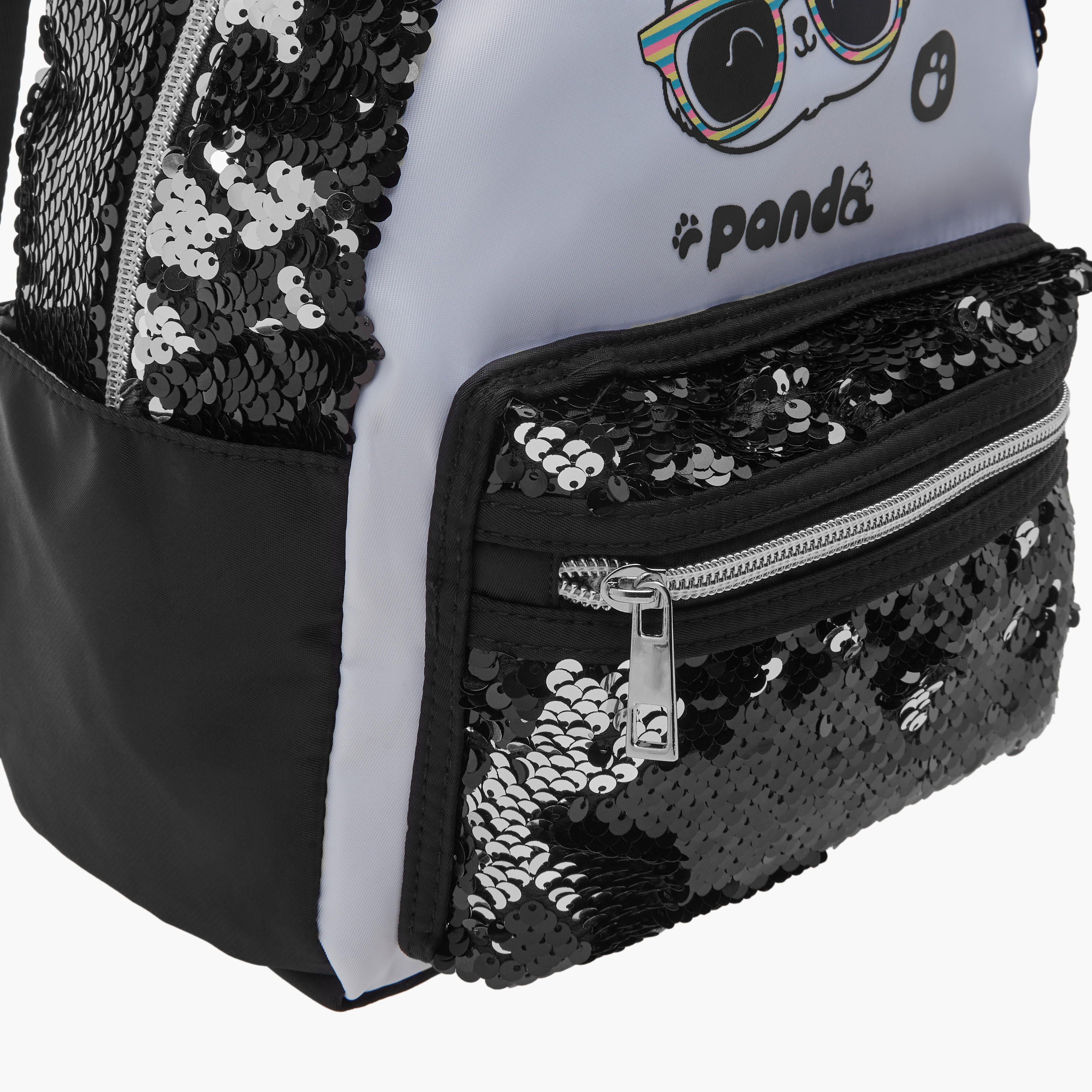 icon Panda Print Sequinned Backpack with Adjustable Straps - 27x23x11 cms-school-bagsandbackpacks-backpacks-image-4