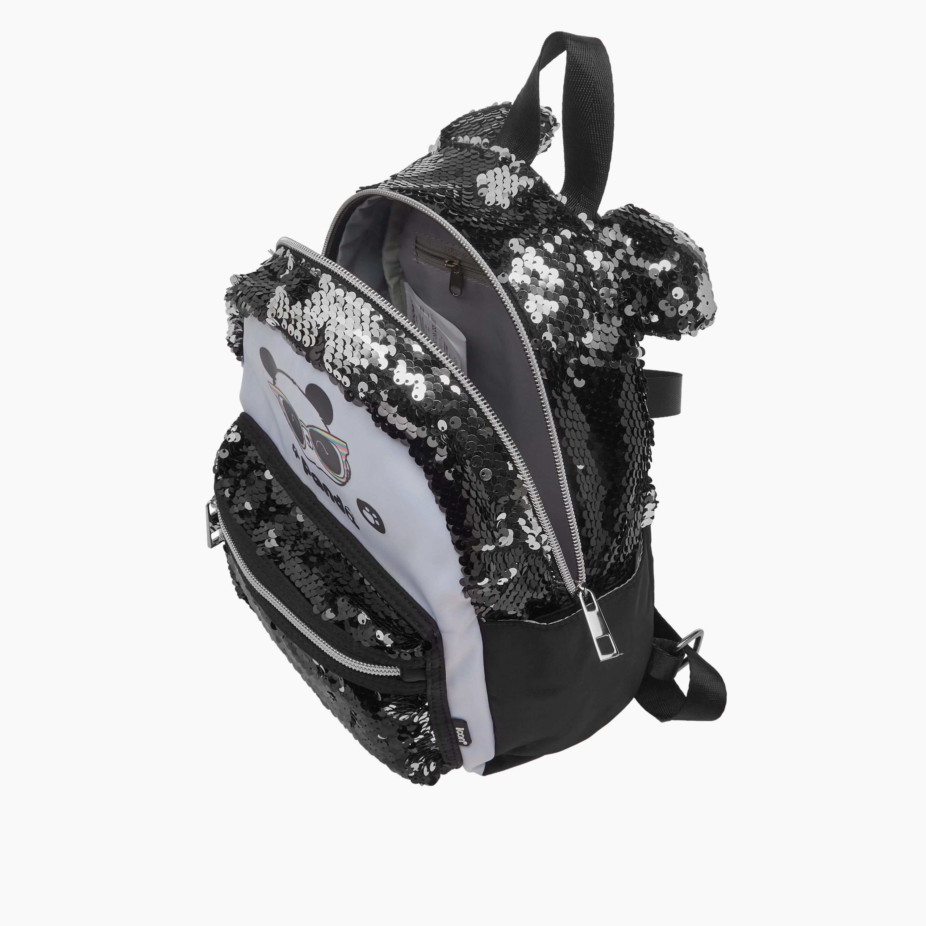 icon Panda Print Sequinned Backpack with Adjustable Straps - 27x23x11 cms-school-bagsandbackpacks-backpacks-image-7