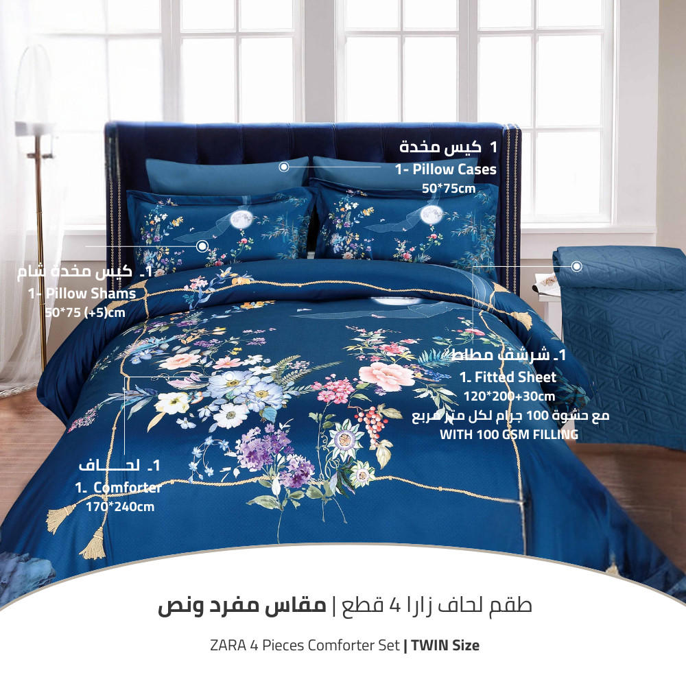 طقم لحاف توين بطبعات زهرية لجميع المواسم 4 قطع من يونيك هوم - 170x240 سم-household-bedding-comfortersandbedspreads-comforters-image-2