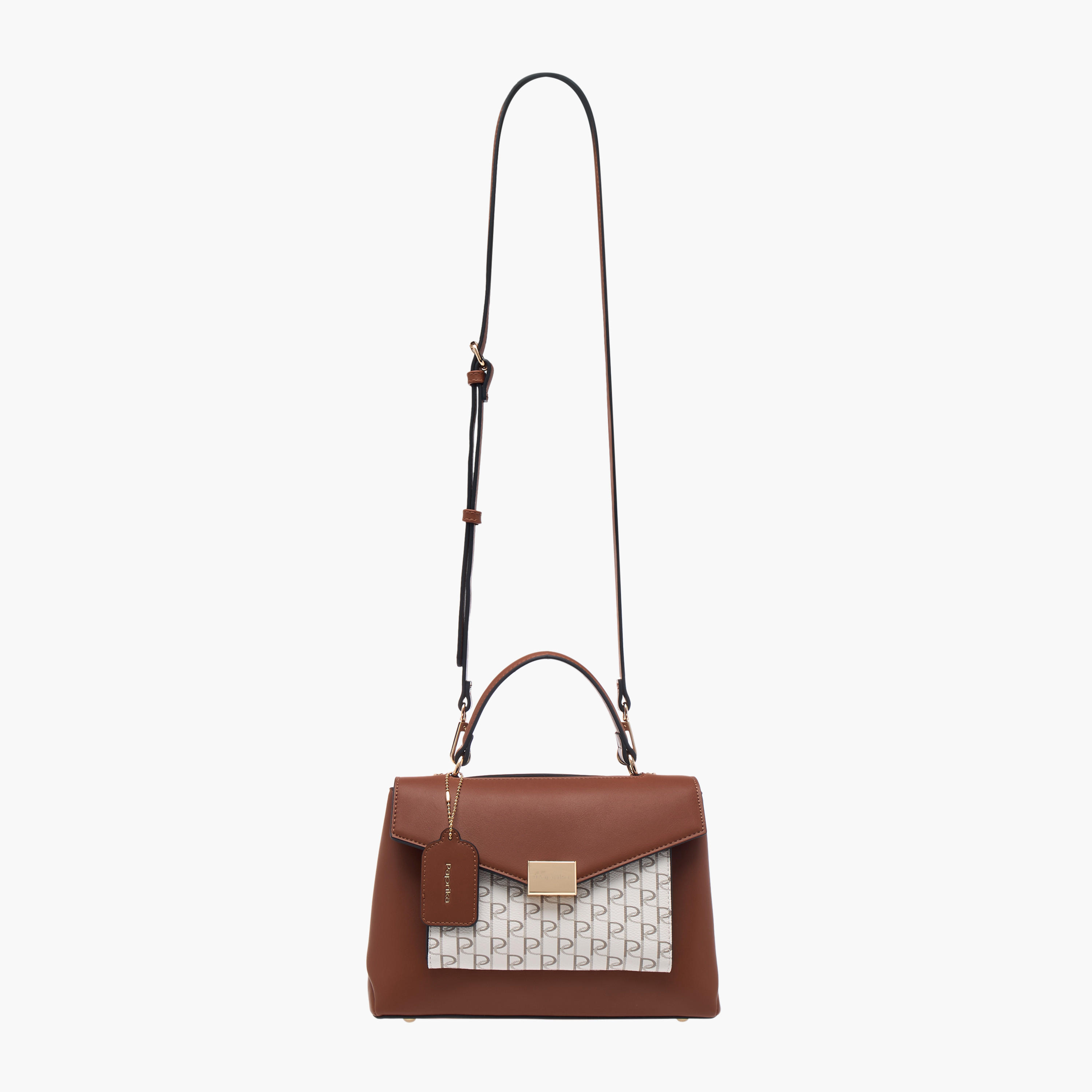 Paprika Monogram Print Satchel Bag with Grab Handle and Flap Closure-women-bagsandwallets-handbags-image-2