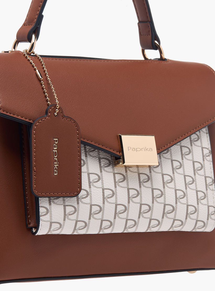 Paprika Monogram Print Satchel Bag with Grab Handle and Flap Closure-women-bagsandwallets-handbags-image-4