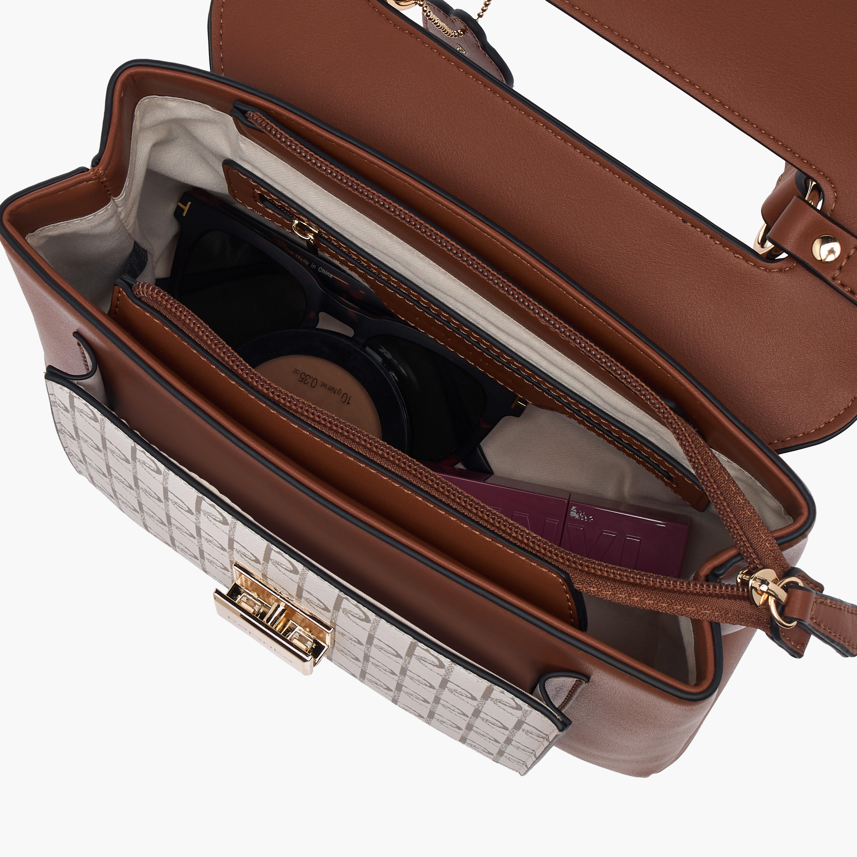 Paprika Monogram Print Satchel Bag with Grab Handle and Flap Closure-women-bagsandwallets-handbags-image-7
