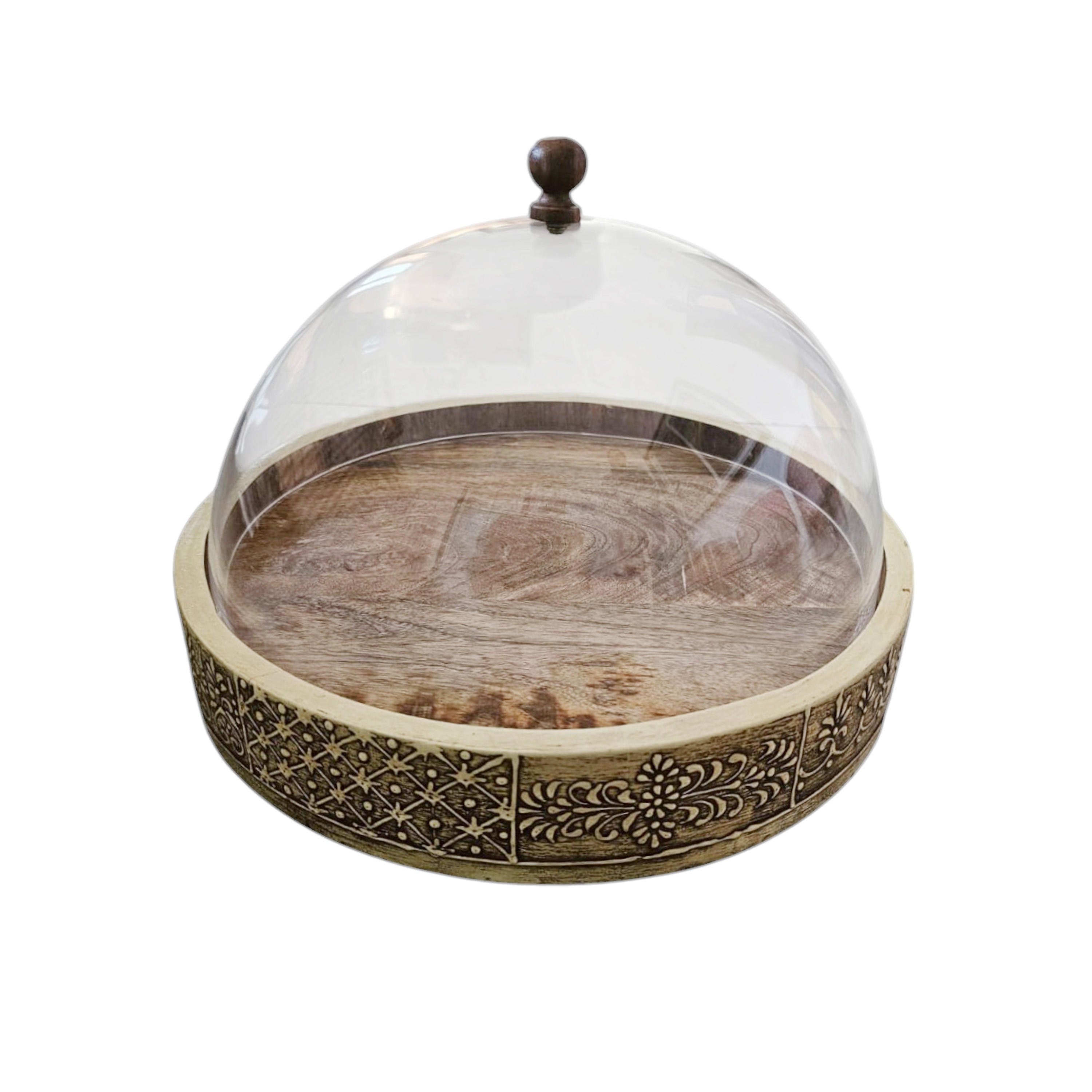 Crafted by Lifestyle Painted Detail Wooden Decorative Tray with Dome Lid - 36x36x20 cms-household-dining-serveware-servingtrays-image-1