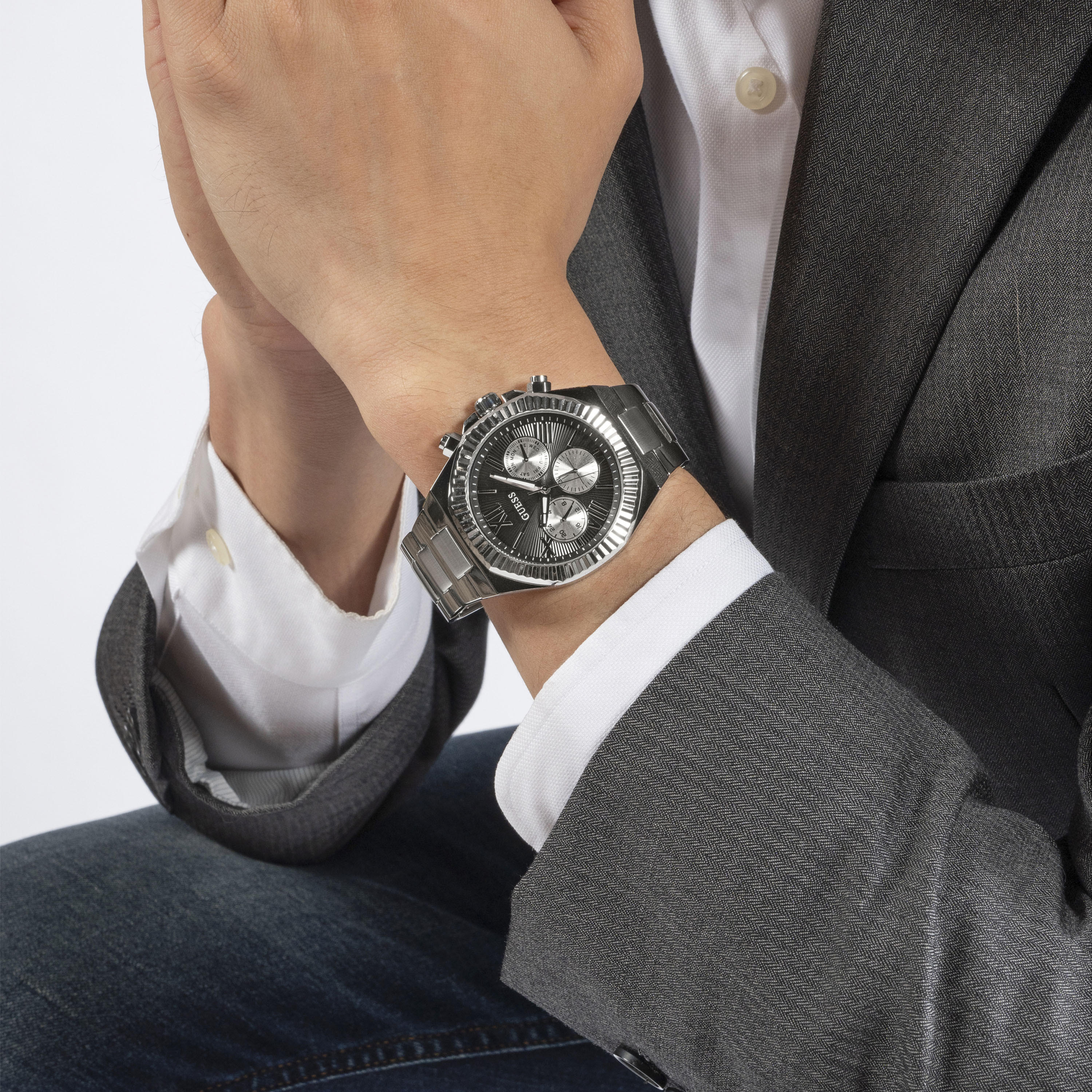 Guess Men's 44 MM Silver Chronograph Metal Strap Watch | GW0703G1-men-watchesandjewellery-watches-image-6