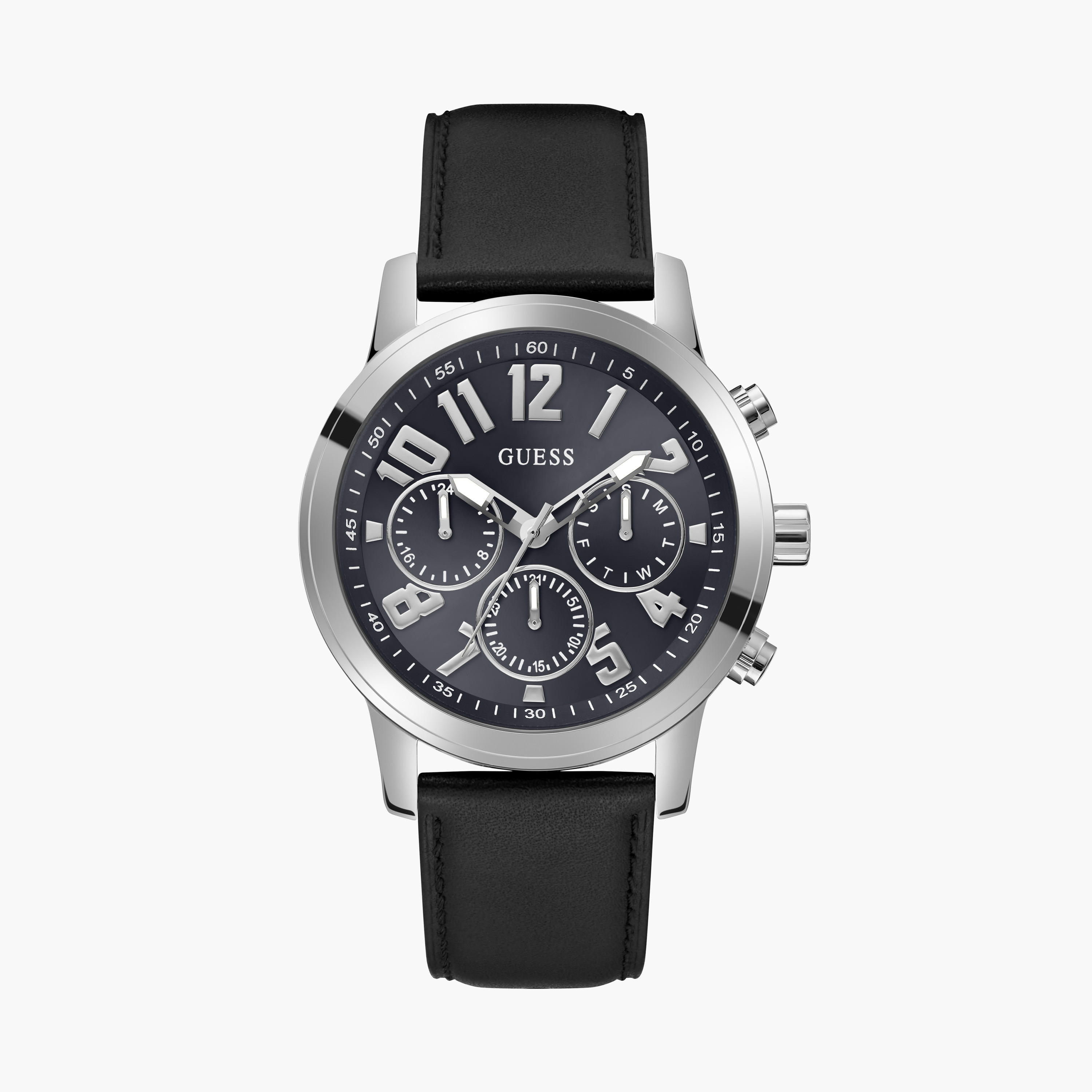 Guess Men's 44 MM Black Chronograph Leather Strap Watch | GW0709G1-men-watchesandjewellery-watches-image-1