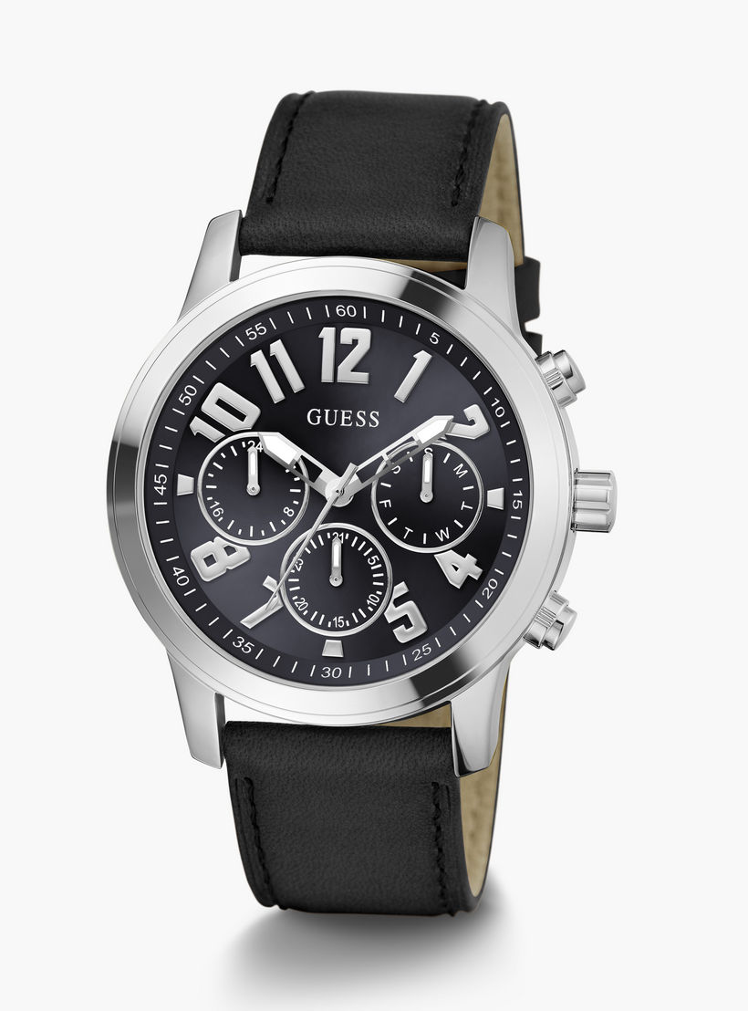 Guess Men's 44 MM Black Chronograph Leather Strap Watch | GW0709G1-men-watchesandjewellery-watches-image-2