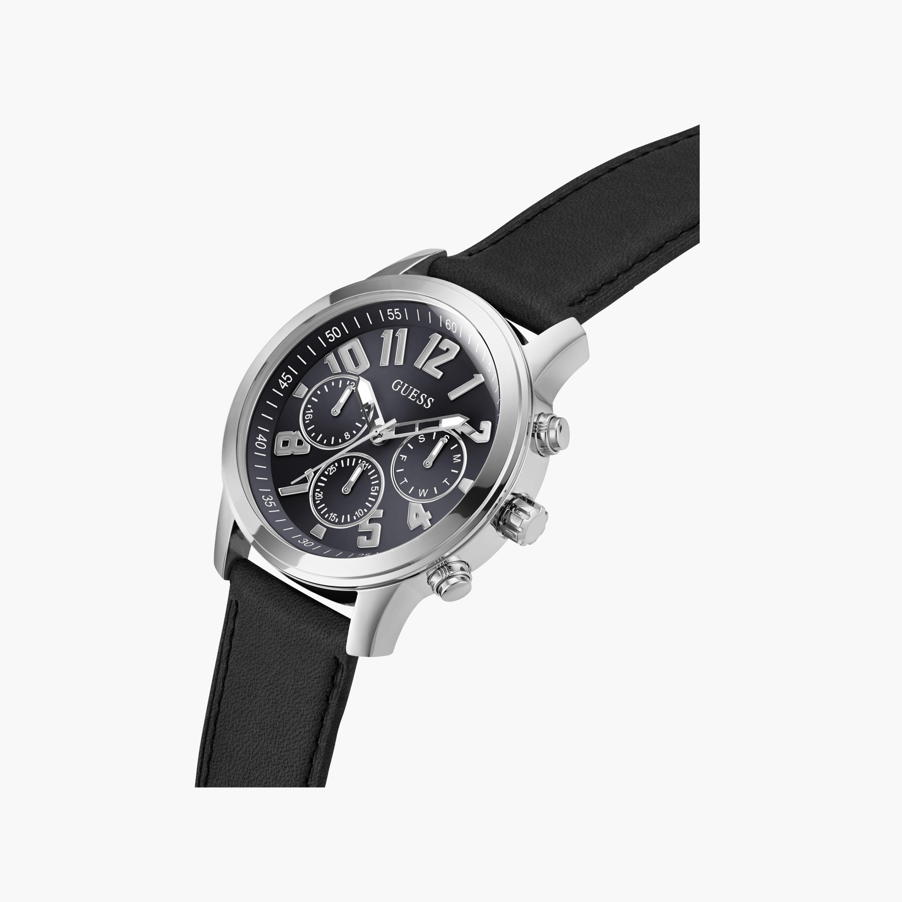 Guess Men's 44 MM Black Chronograph Leather Strap Watch | GW0709G1-men-watchesandjewellery-watches-image-4