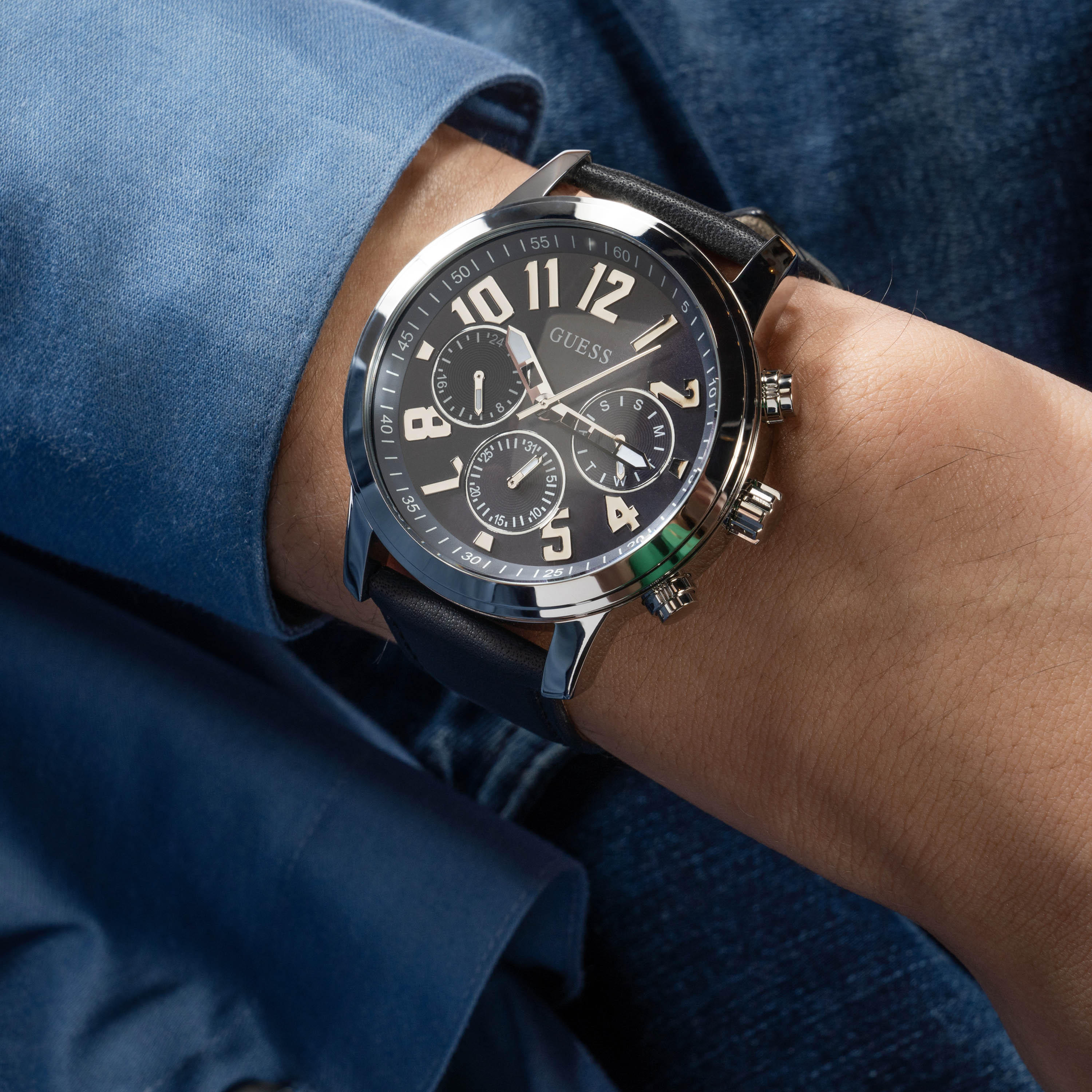 Guess Men's 44 MM Black Chronograph Leather Strap Watch | GW0709G1-men-watchesandjewellery-watches-image-7