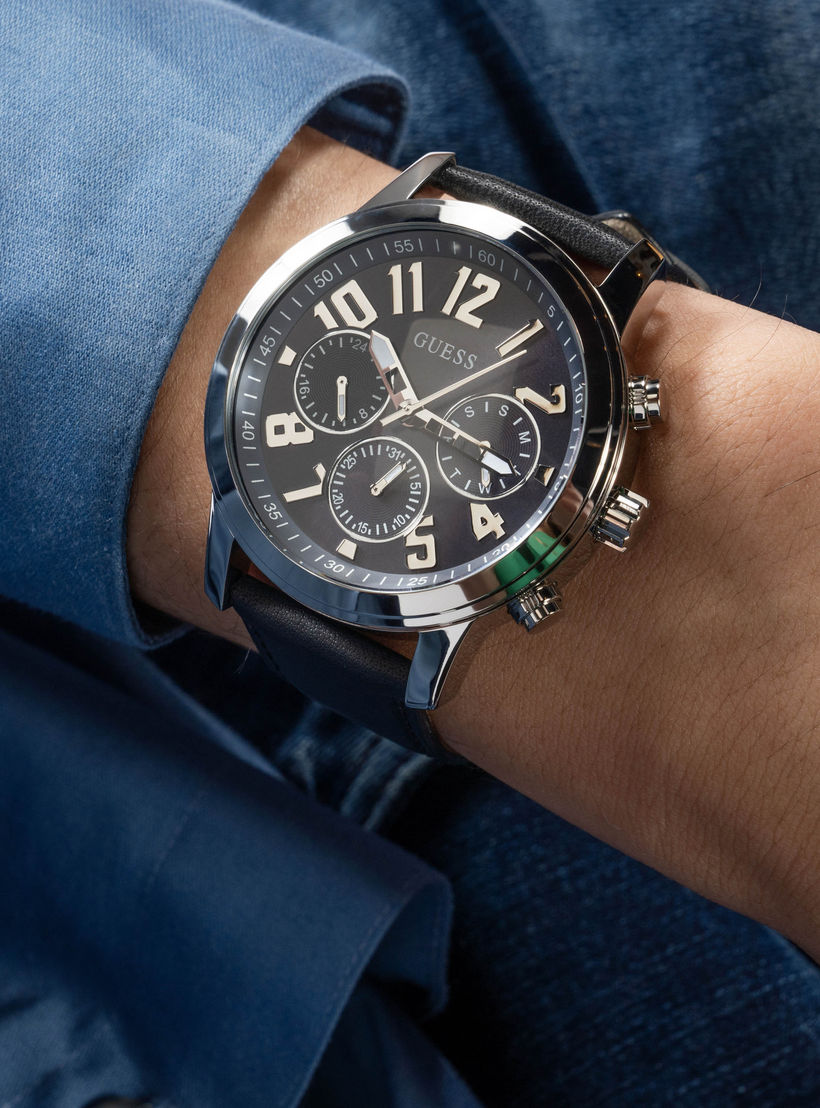 Guess Men's 44 MM Black Chronograph Leather Strap Watch | GW0709G1-men-watchesandjewellery-watches-image-7