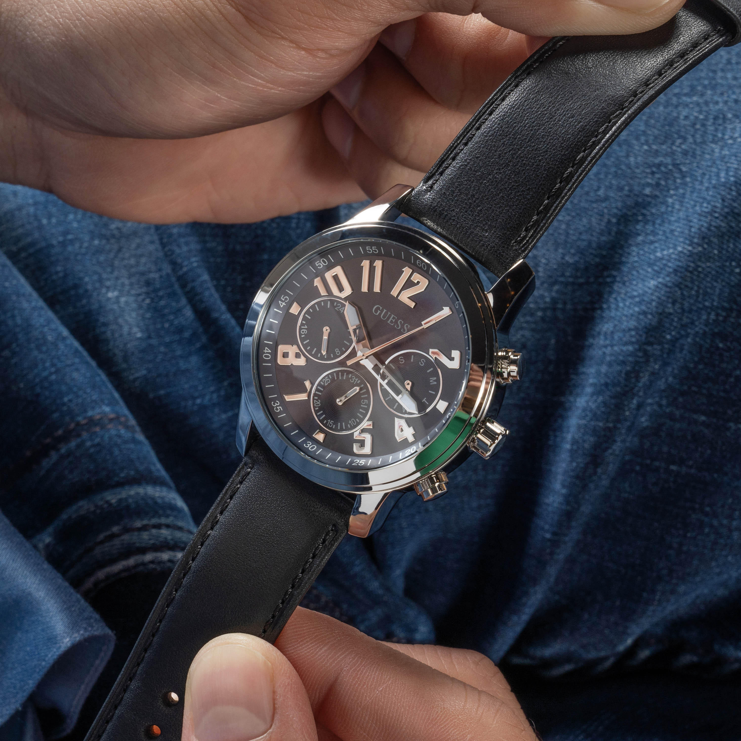 Guess Men's 44 MM Black Chronograph Leather Strap Watch | GW0709G1-men-watchesandjewellery-watches-image-8