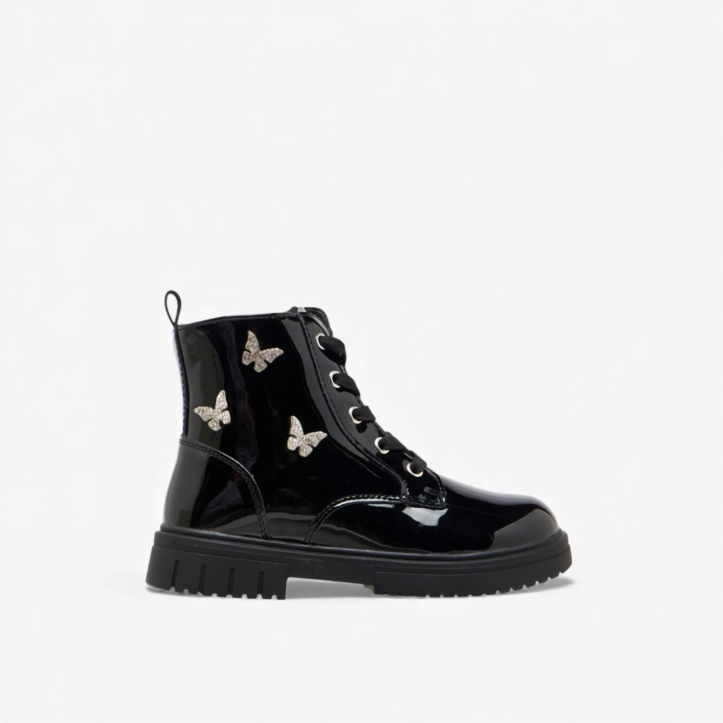 Juniors Butterfly Embellished High Cut Boots with Zip Closure-girls-shoes-boots-image-3