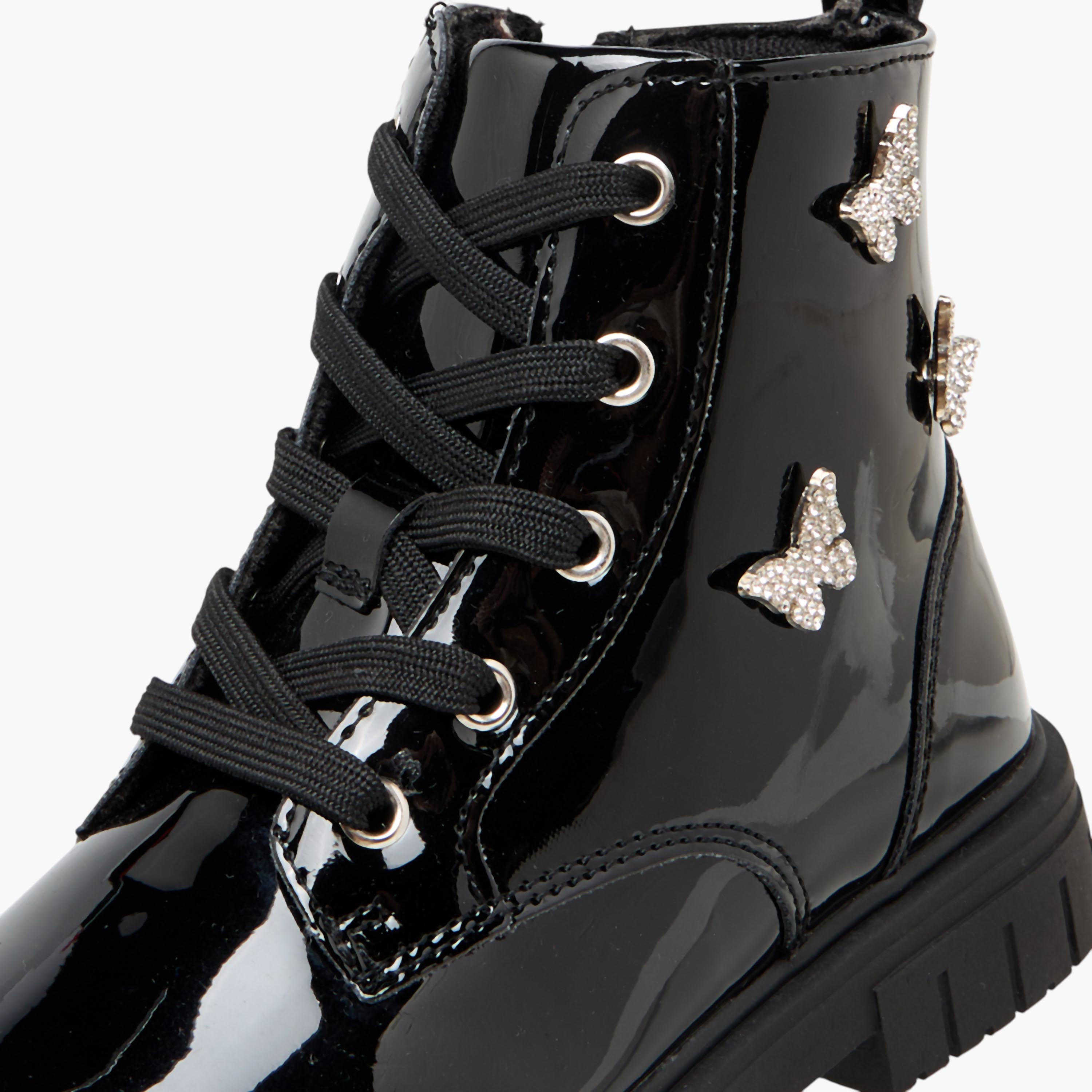 Juniors Butterfly Embellished High Cut Boots with Zip Closure-girls-shoes-boots-image-4