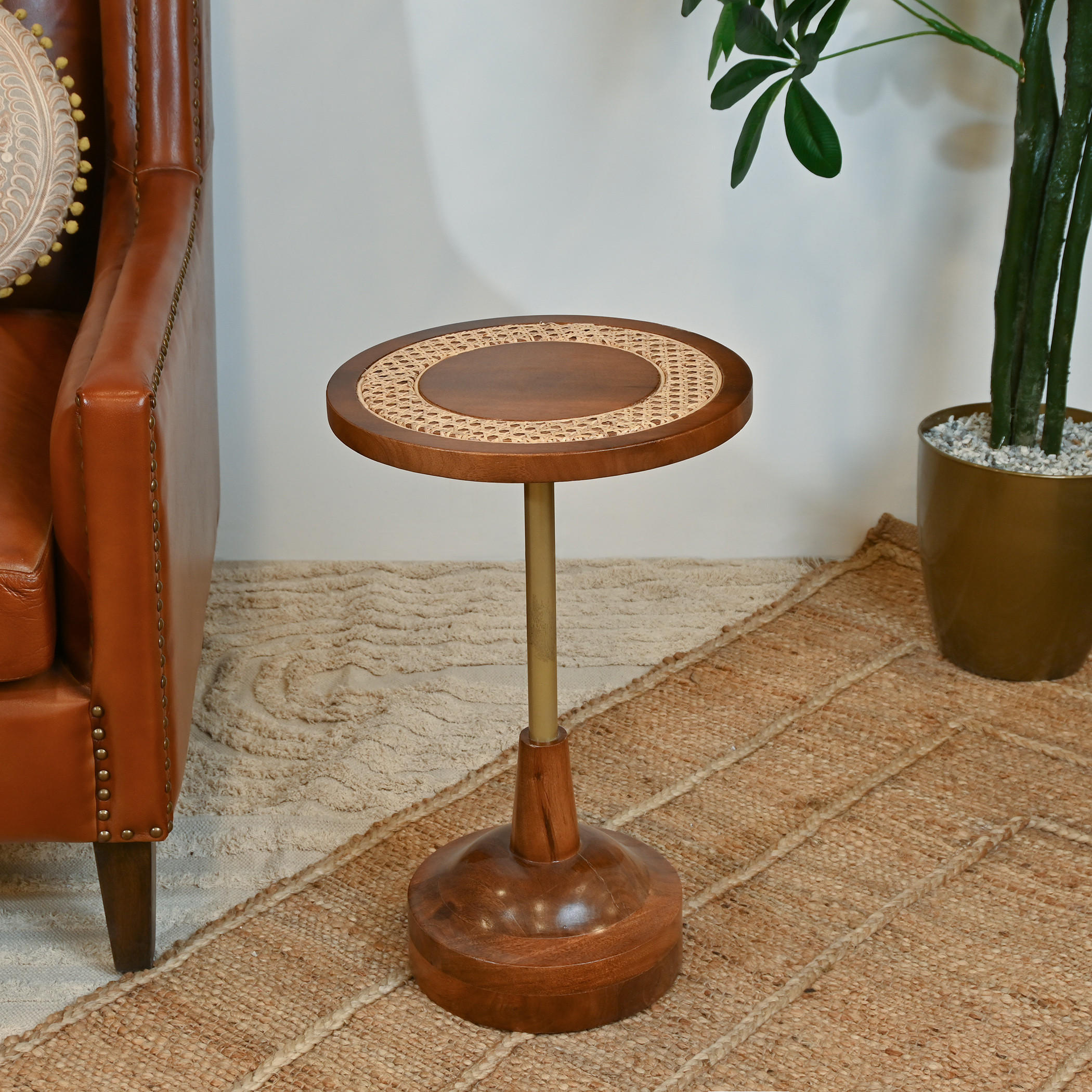 Home Carving Round Rattan Top Side Table - 35x55 cms-furniture-livingroom-sideandendtables-image-2