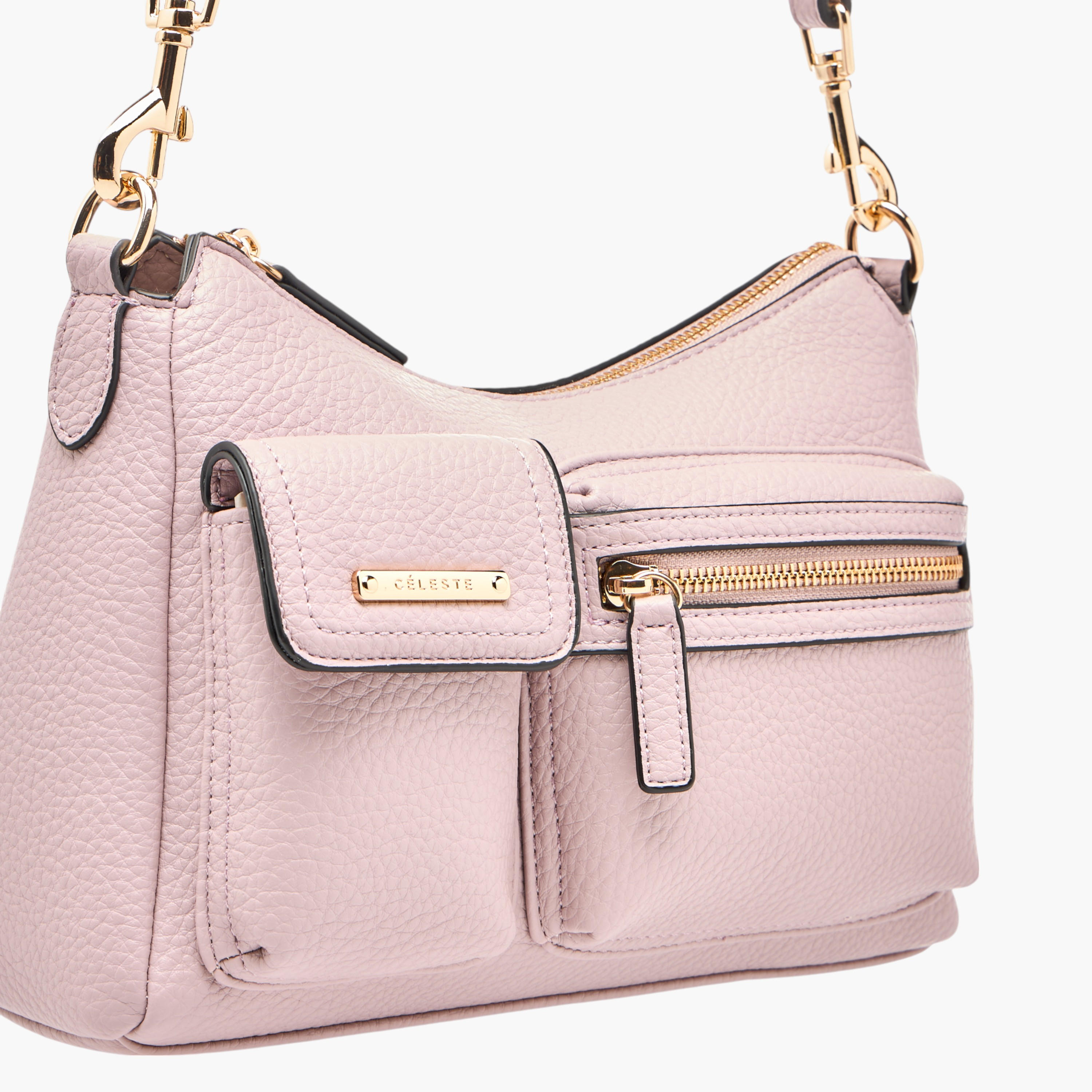 Celeste Textured Shoulder Bag with Detachable Strap and Zip Closure-women-bagsandwallets-handbags-image-4