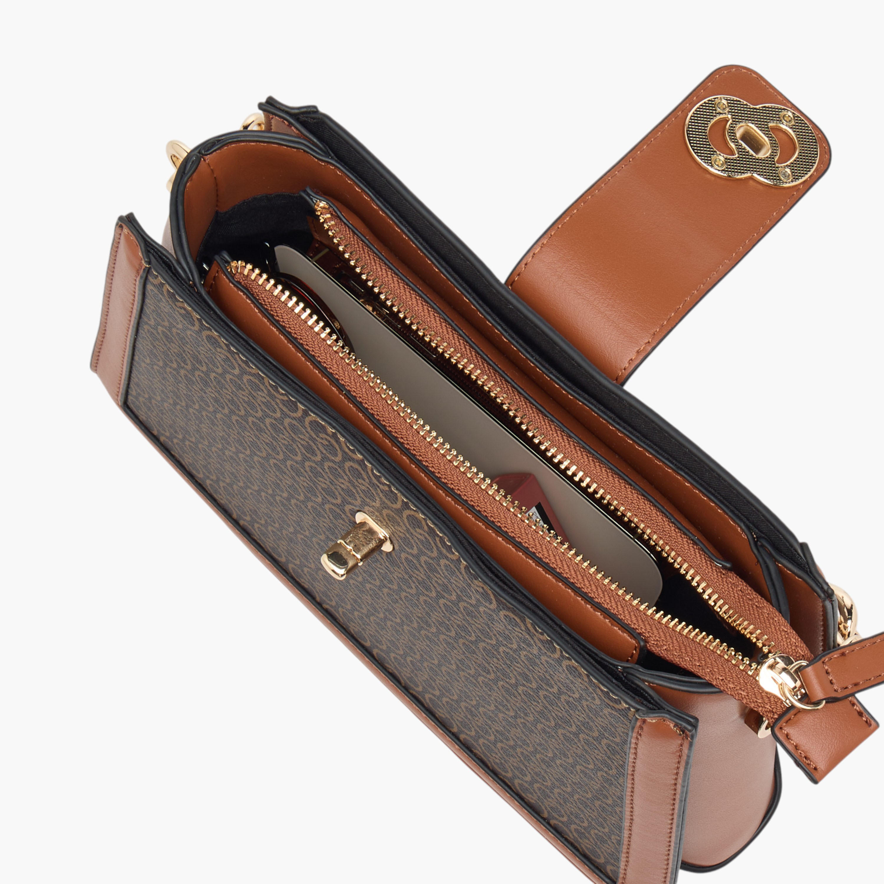 Celeste Monogram Print Shoulder Bag with Zip Closure and Chain Strap-women-bagsandwallets-handbags-image-9
