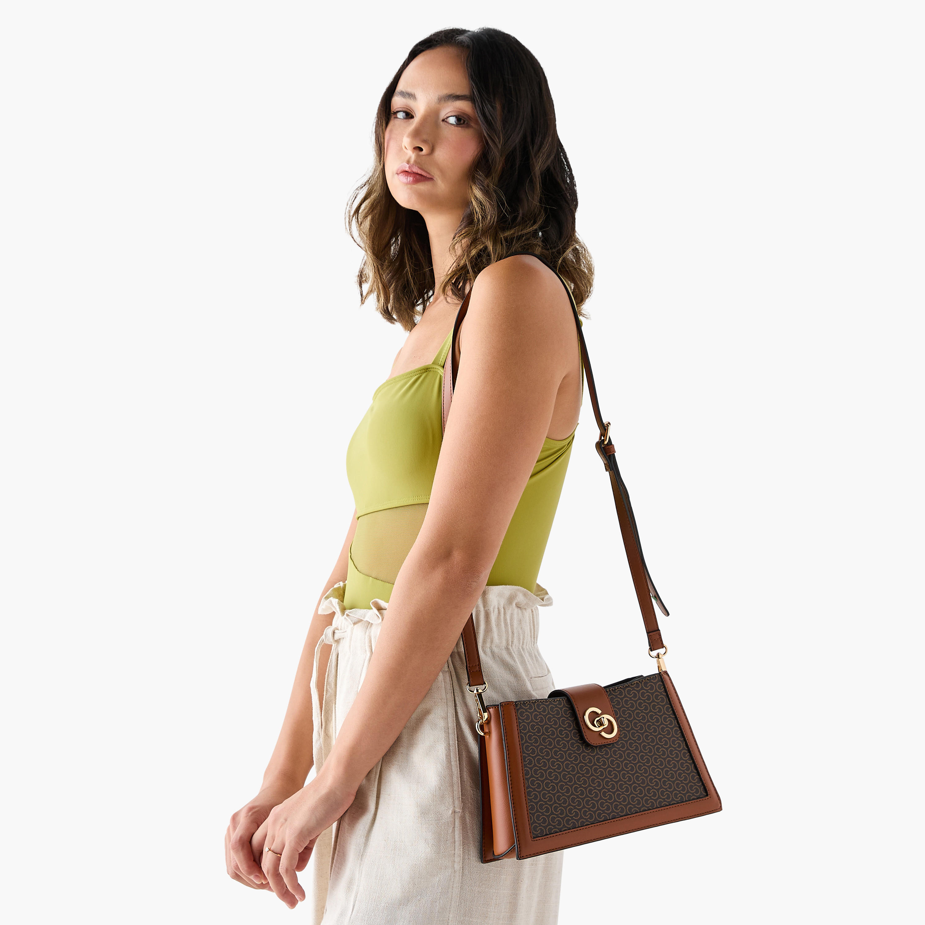 Celeste Monogram Print Shoulder Bag with Zip Closure and Chain Strap-women-bagsandwallets-handbags-image-2