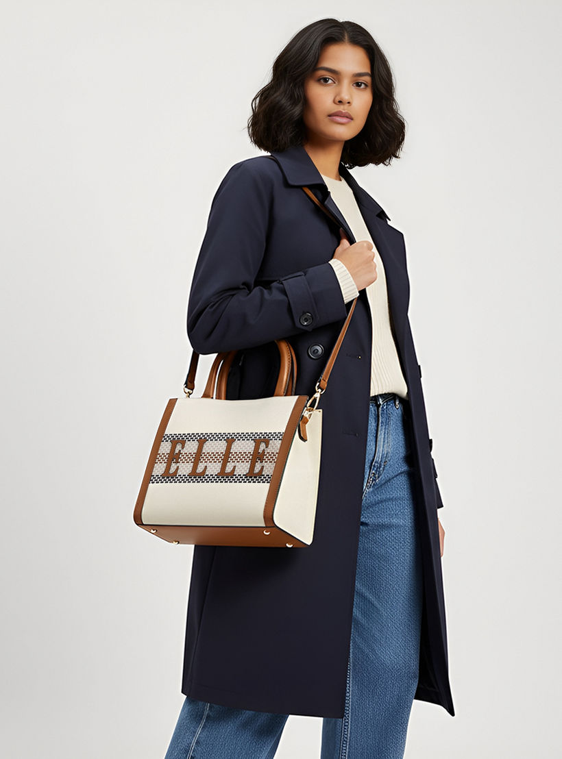 Elle Logo Detail Tote Bag with Double Handle and Zip Closure-women-bagsandwallets-handbags-image-2