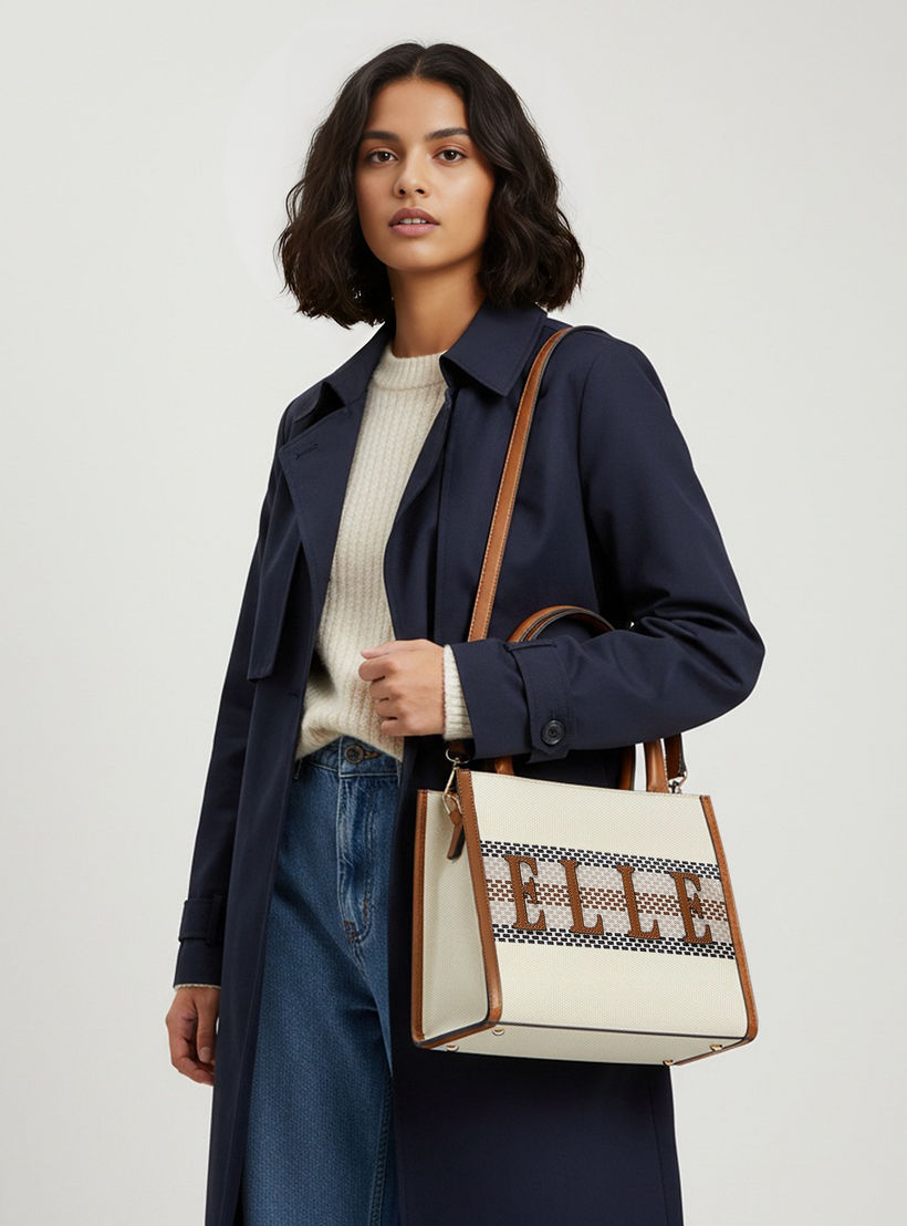 Elle Logo Detail Tote Bag with Double Handle and Zip Closure-women-bagsandwallets-handbags-image-4