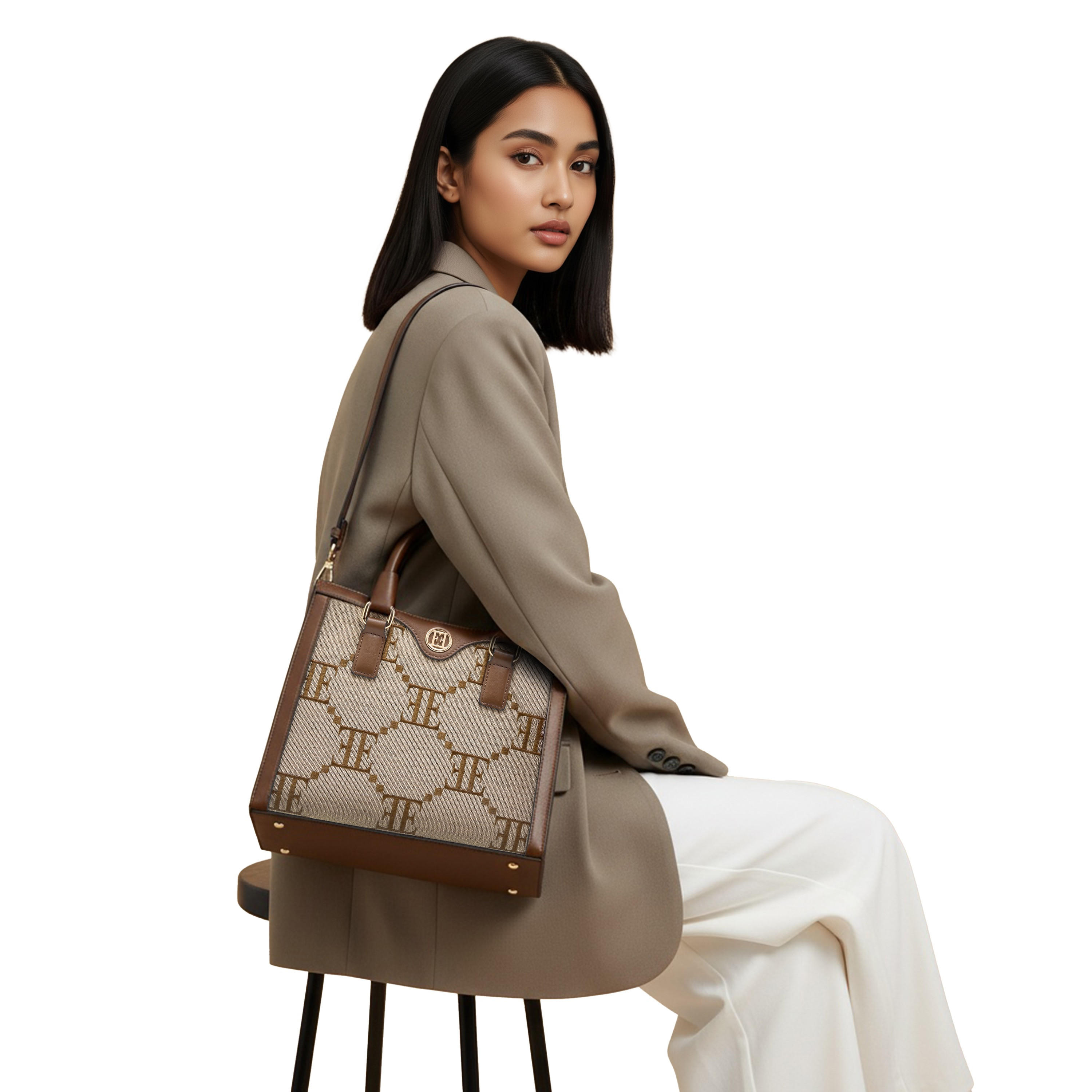Elle Monogram Embroidered Tote Bag with Double Handles and Zip Closure-women-bagsandwallets-handbags-image-2