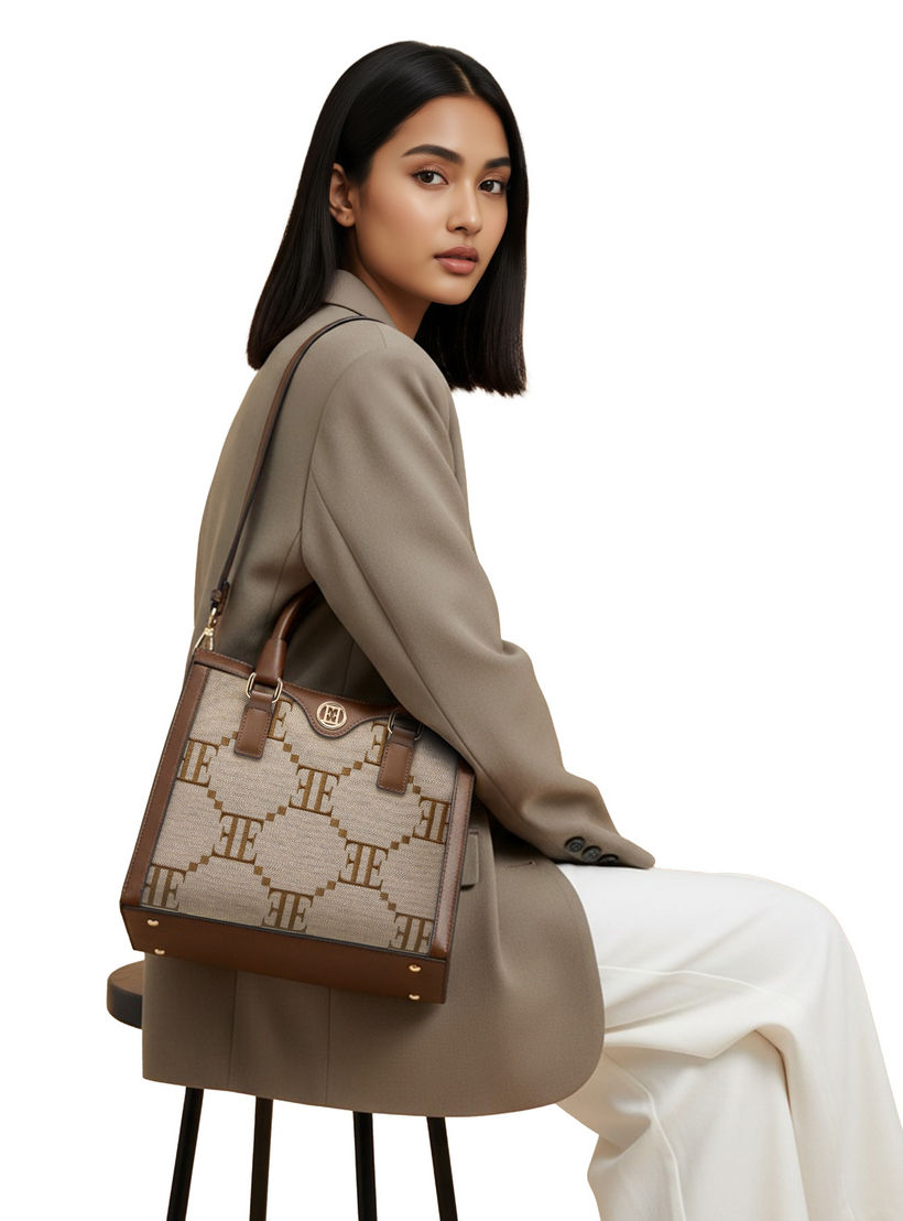 Elle Monogram Embroidered Tote Bag with Double Handles and Zip Closure-women-bagsandwallets-handbags-image-2