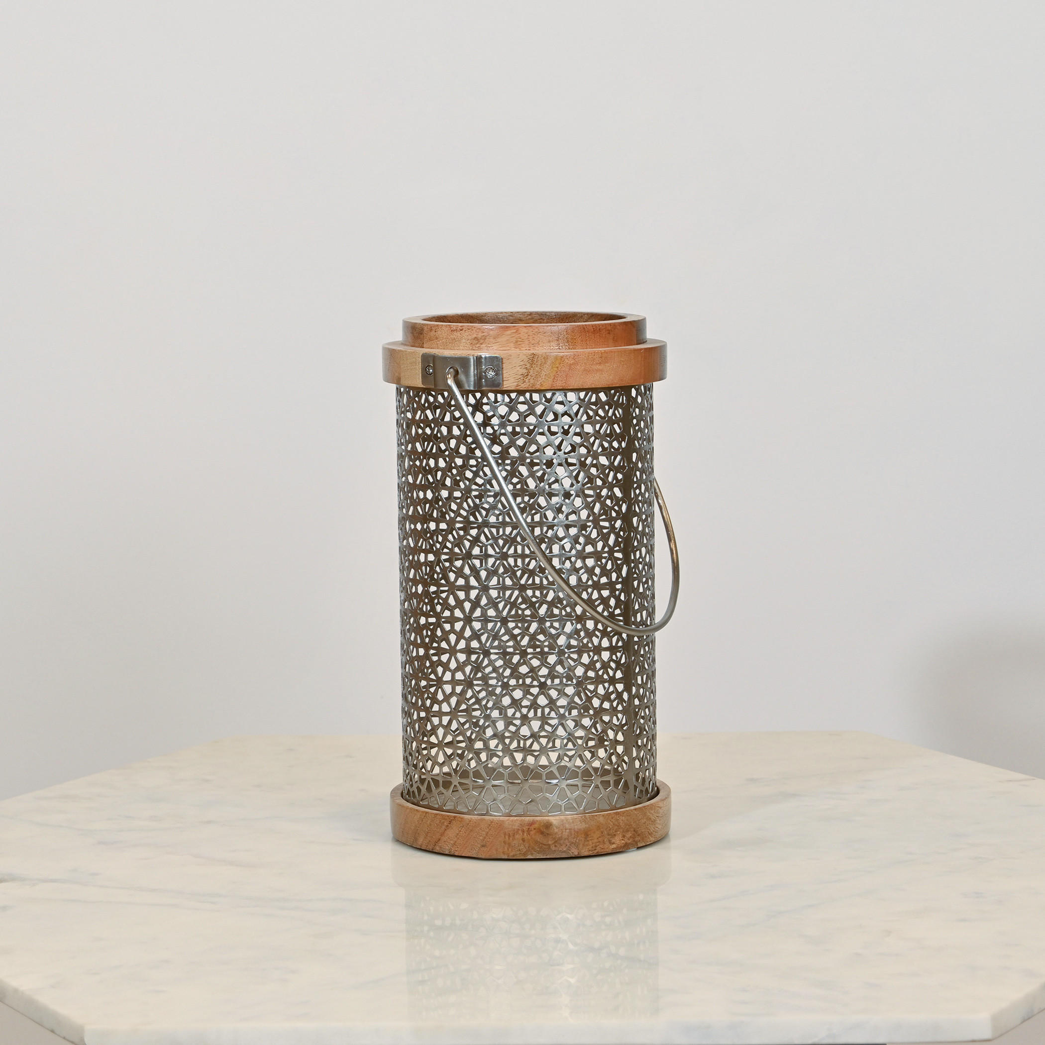 Home Carving Cylindrical Cutwork Lantern with Wooden Detail - 19x33 cms-household-decor-candleholdersandlanterns-image-1