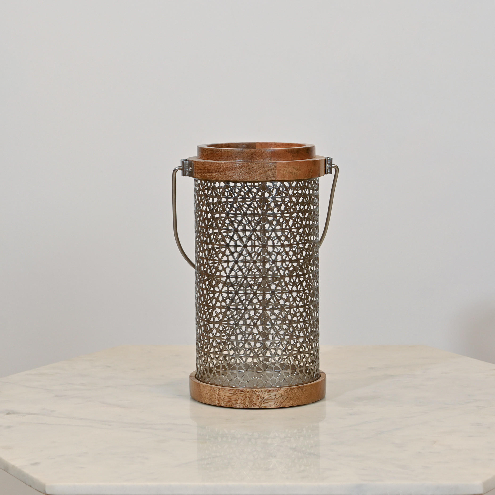 Home Carving Cylindrical Cutwork Lantern with Wooden Detail - 19x33 cms-household-decor-candleholdersandlanterns-image-2