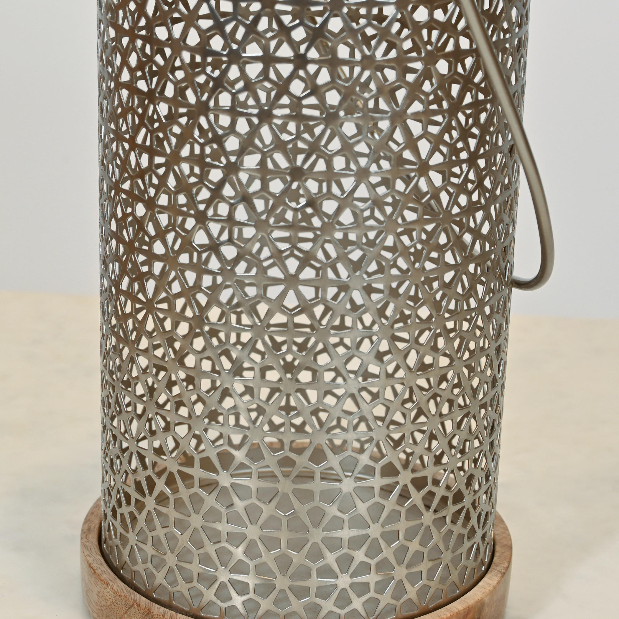 Home Carving Cylindrical Cutwork Lantern with Wooden Detail - 19x33 cms-household-decor-candleholdersandlanterns-image-4