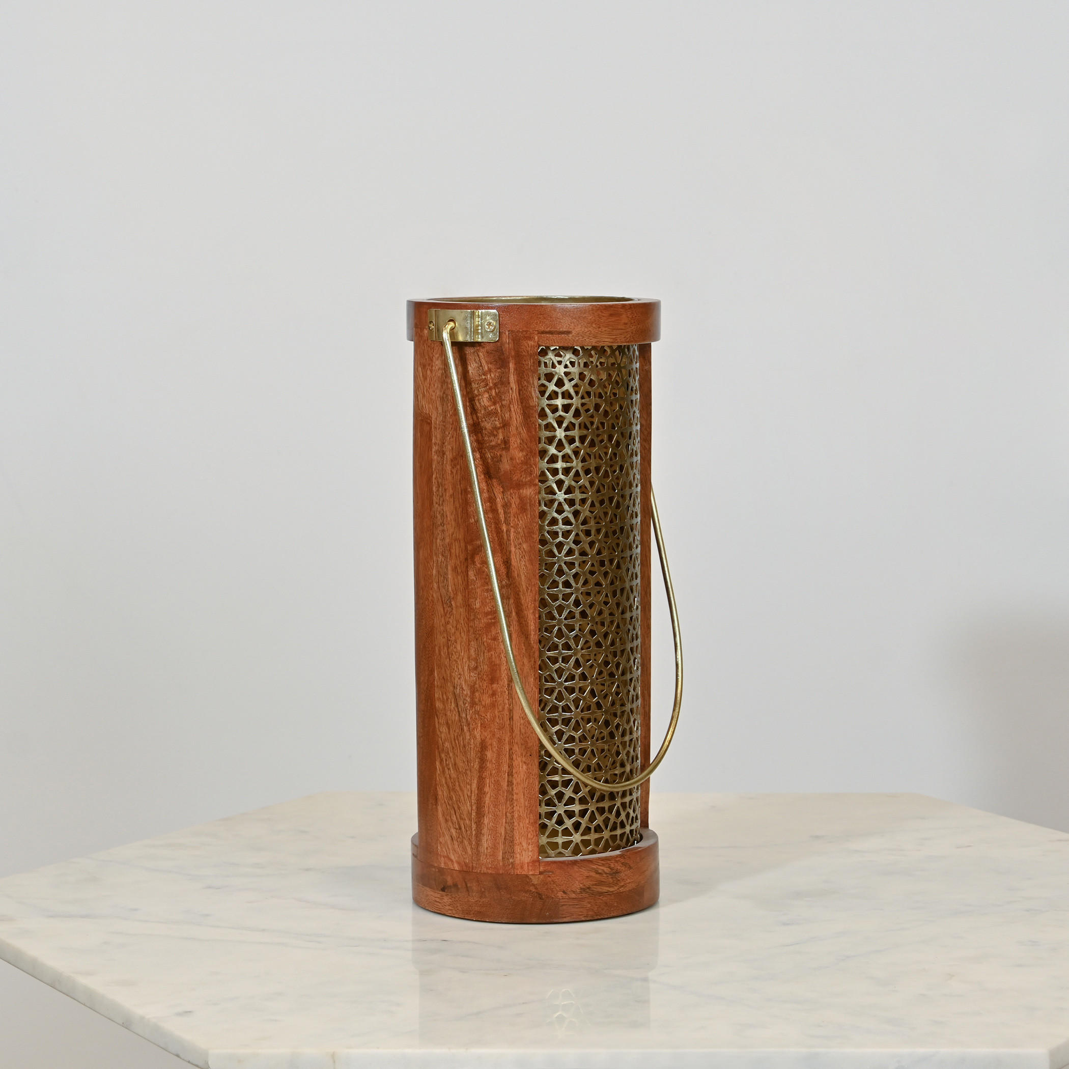 Home Carving Cylindrical Cutwork Lantern with Wooden Detail - 16x39 cms-household-decor-candleholdersandlanterns-image-1