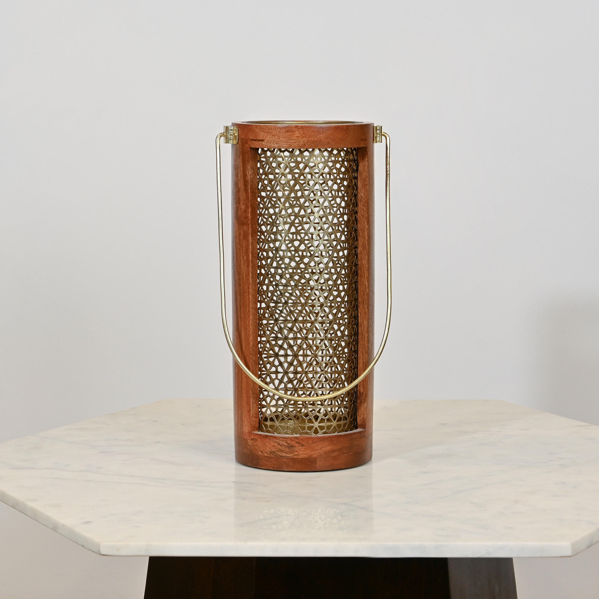 Home Carving Cylindrical Cutwork Lantern with Wooden Detail - 16x39 cms-household-decor-candleholdersandlanterns-image-2