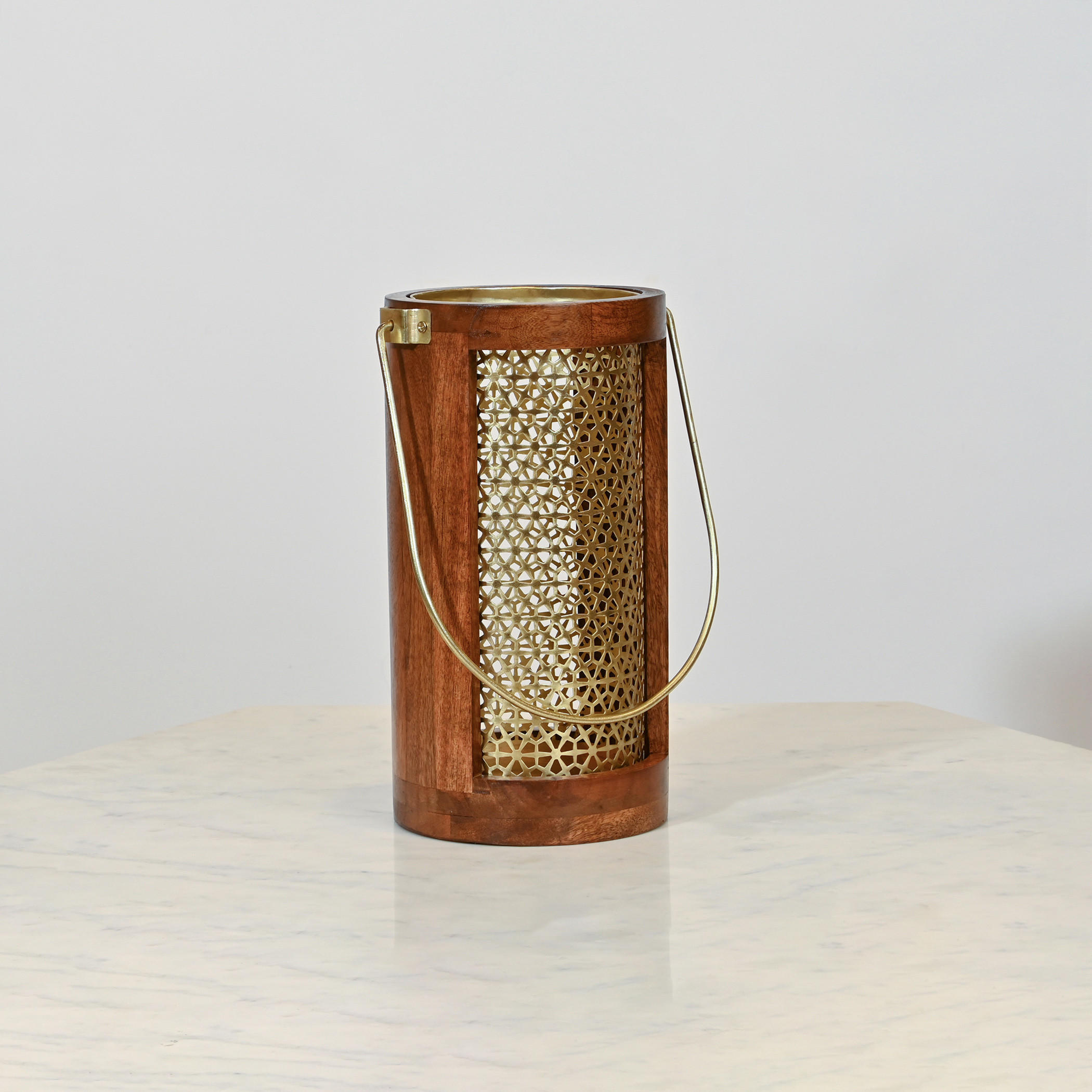 Home Carving Cylindrical Cutwork Lantern with Wooden Detail - 16x30 cms-household-decor-candleholdersandlanterns-image-1