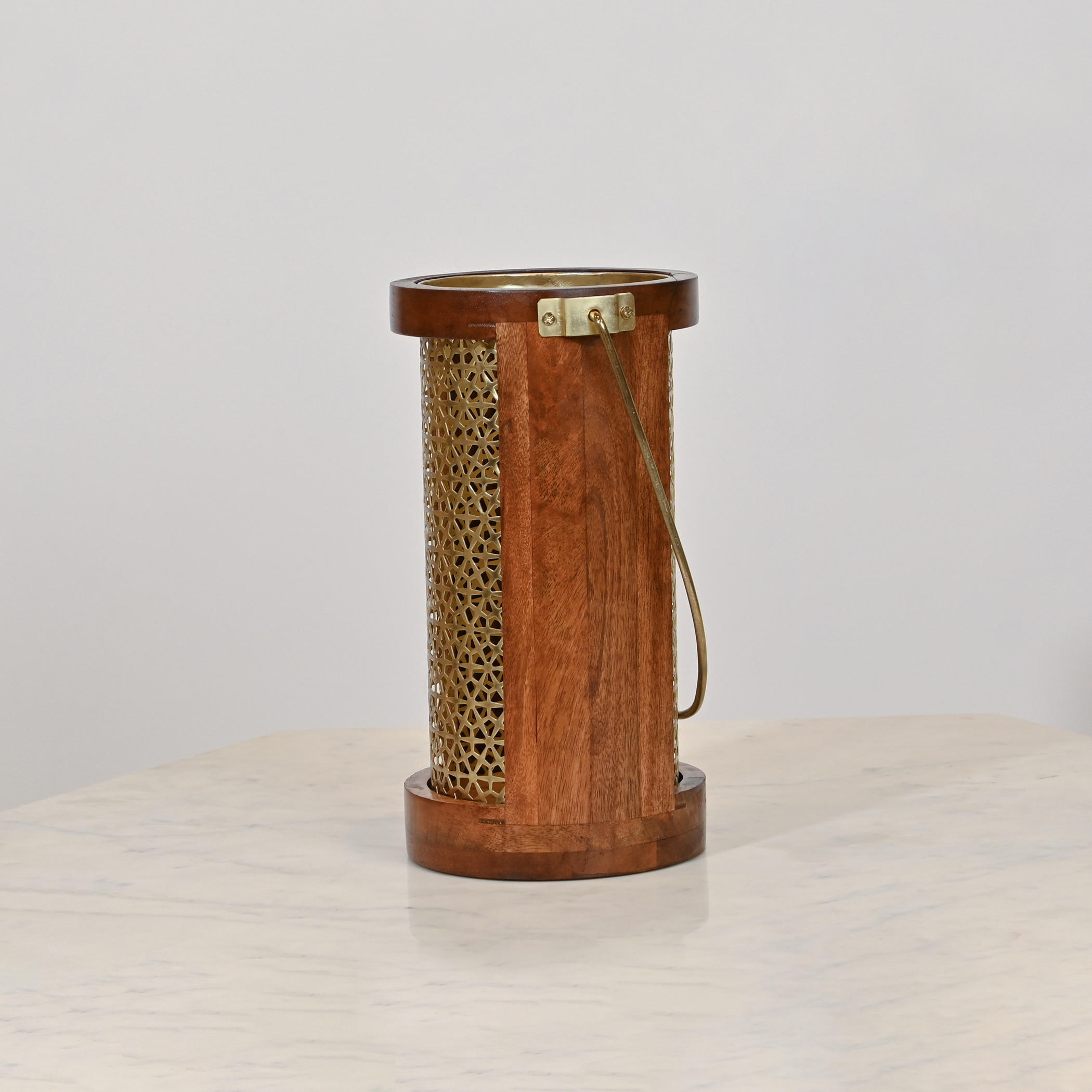 Home Carving Cylindrical Cutwork Lantern with Wooden Detail - 16x30 cms-household-decor-candleholdersandlanterns-image-3