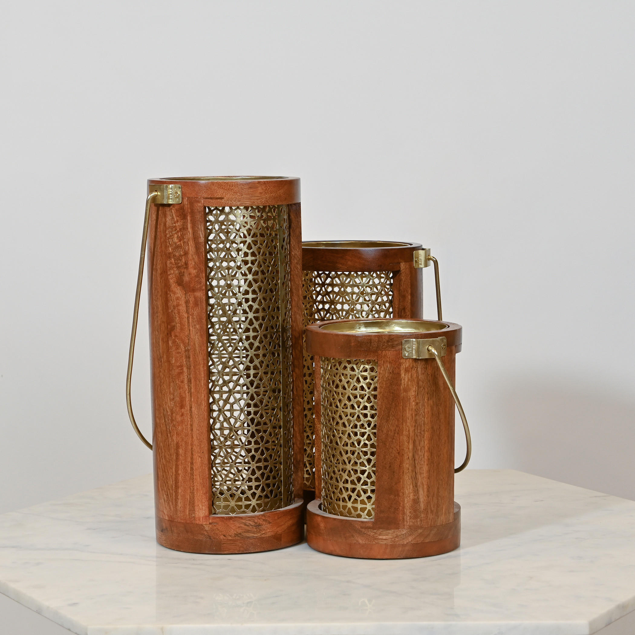Home Carving Cylindrical Cutwork Lantern with Wooden Detail - 16x30 cms-household-decor-candleholdersandlanterns-image-5
