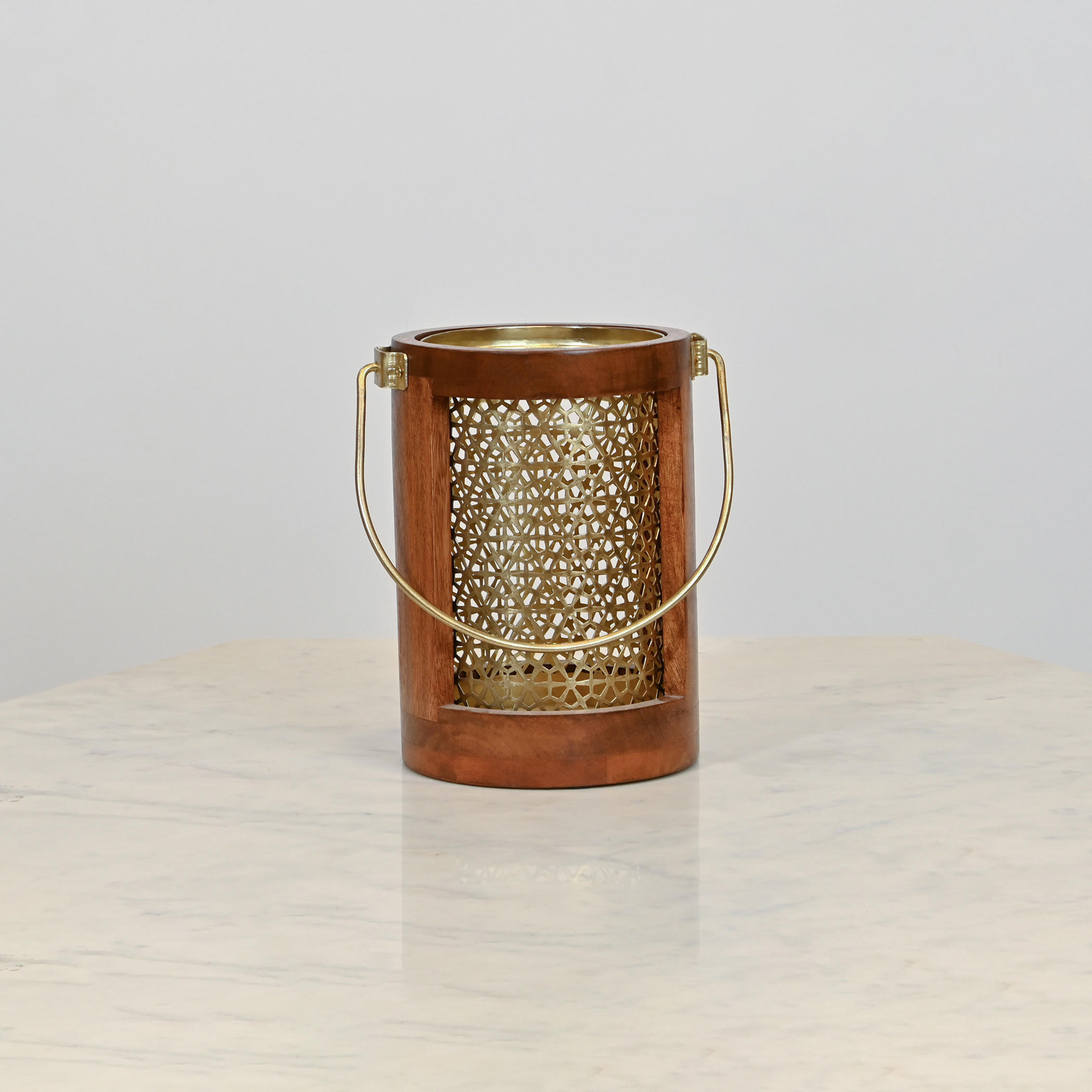Home Carving Cylindrical Cutwork Lantern with Wooden Detail - 16x23 cms-household-decor-candleholdersandlanterns-image-2
