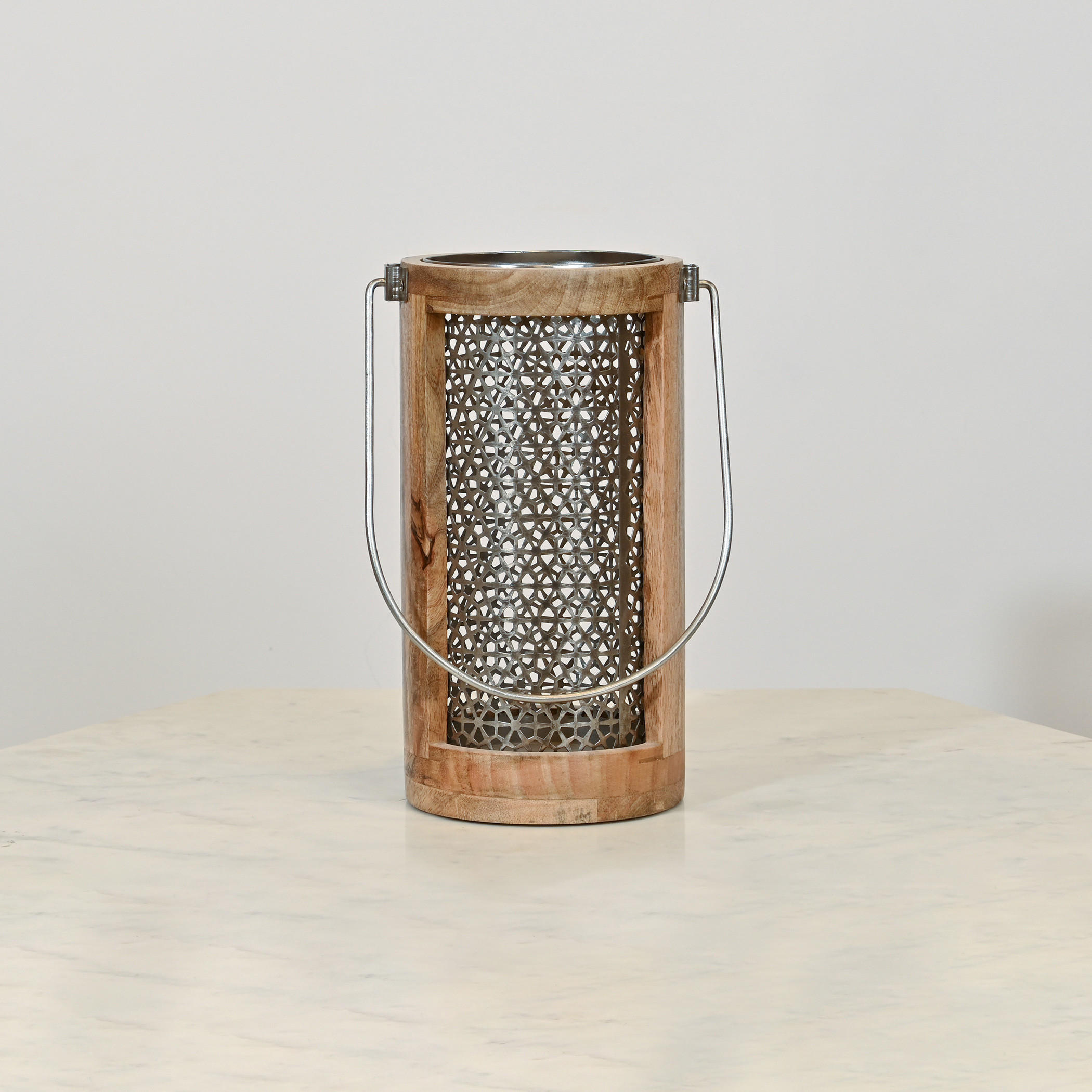 Home Carving Cylindrical Cutwork Lantern with Wooden Detail - 16x30 cms-household-decor-candleholdersandlanterns-image-1