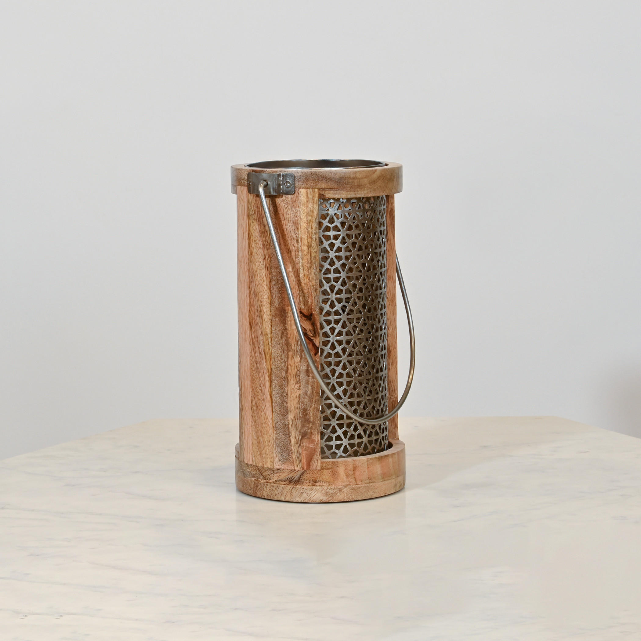Home Carving Cylindrical Cutwork Lantern with Wooden Detail - 16x30 cms-household-decor-candleholdersandlanterns-image-2