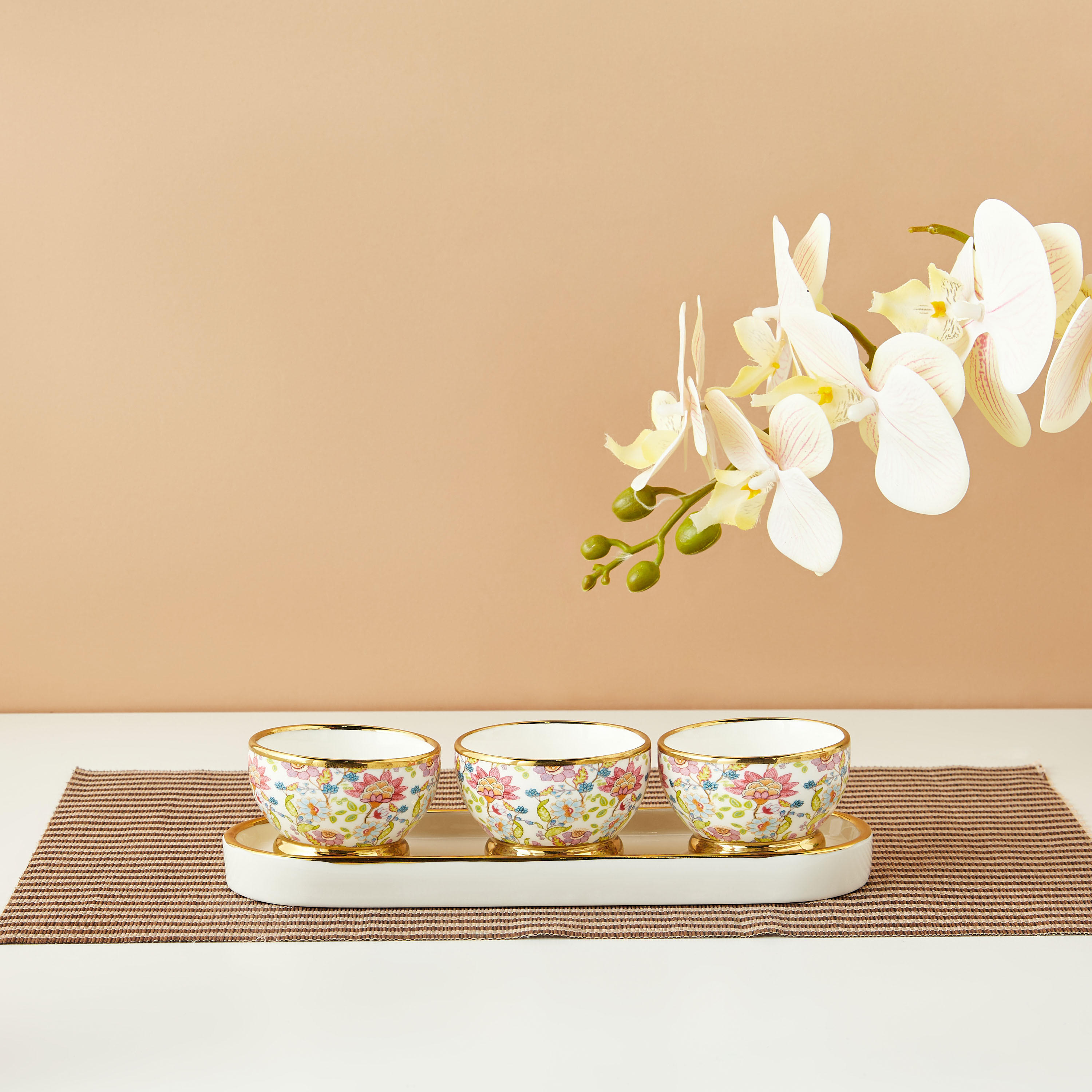 Summer Flower 3-Piece Porcelain Bowl Set with Tray-household-dining-serveware-servingtrays-image-1