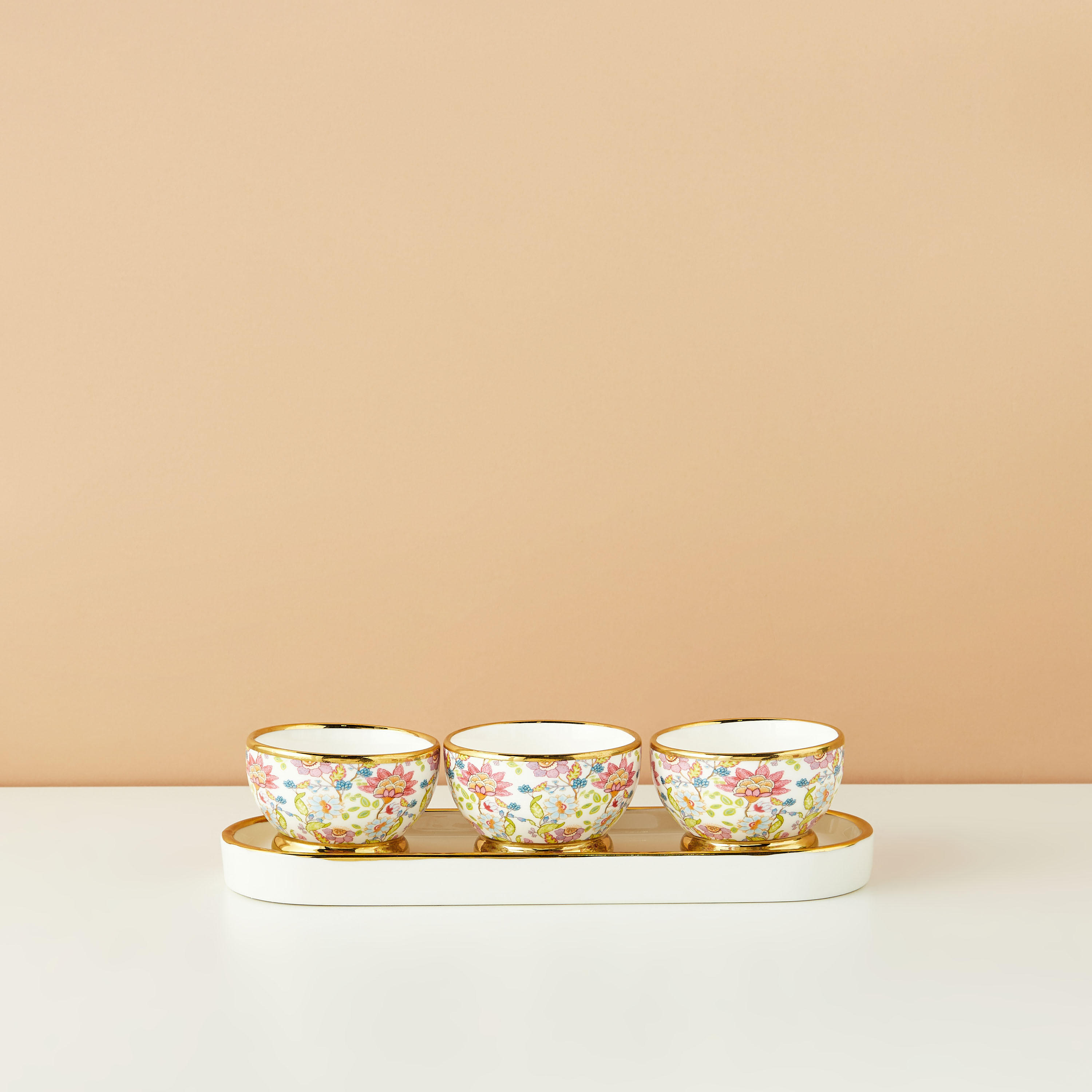 Summer Flower 3-Piece Porcelain Bowl Set with Tray-household-dining-serveware-servingtrays-image-2