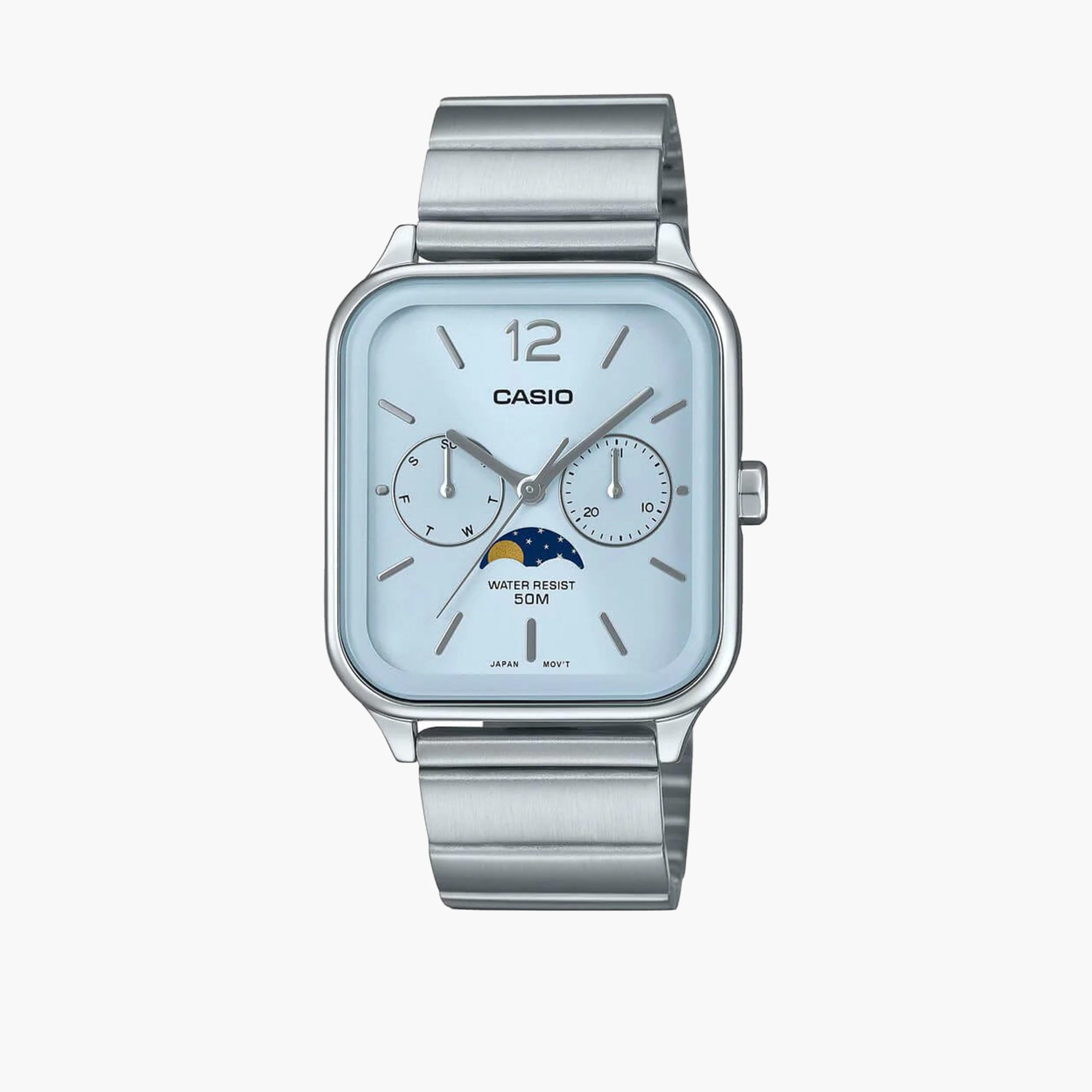 كاسيو- ساعة فضية تناظرية بسوار ستانلس ستيل للرجال 45 مم | MTP-M305D-2AVDF-men-watchesandjewellery-watches-image-1