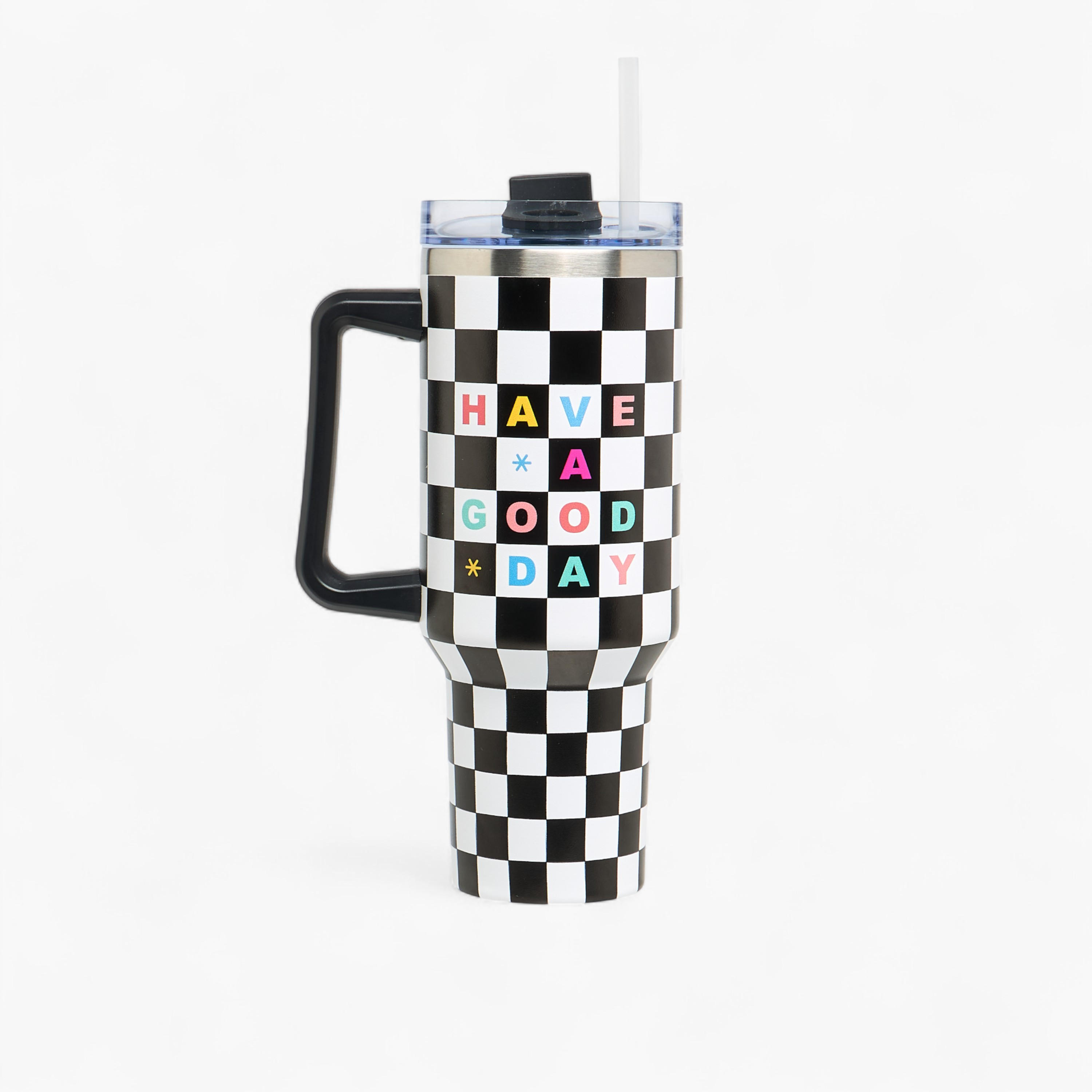 Checked Double Wall Stainless Steel Tumbler with Handle - 1.2 L-school-waterbottles-image-1