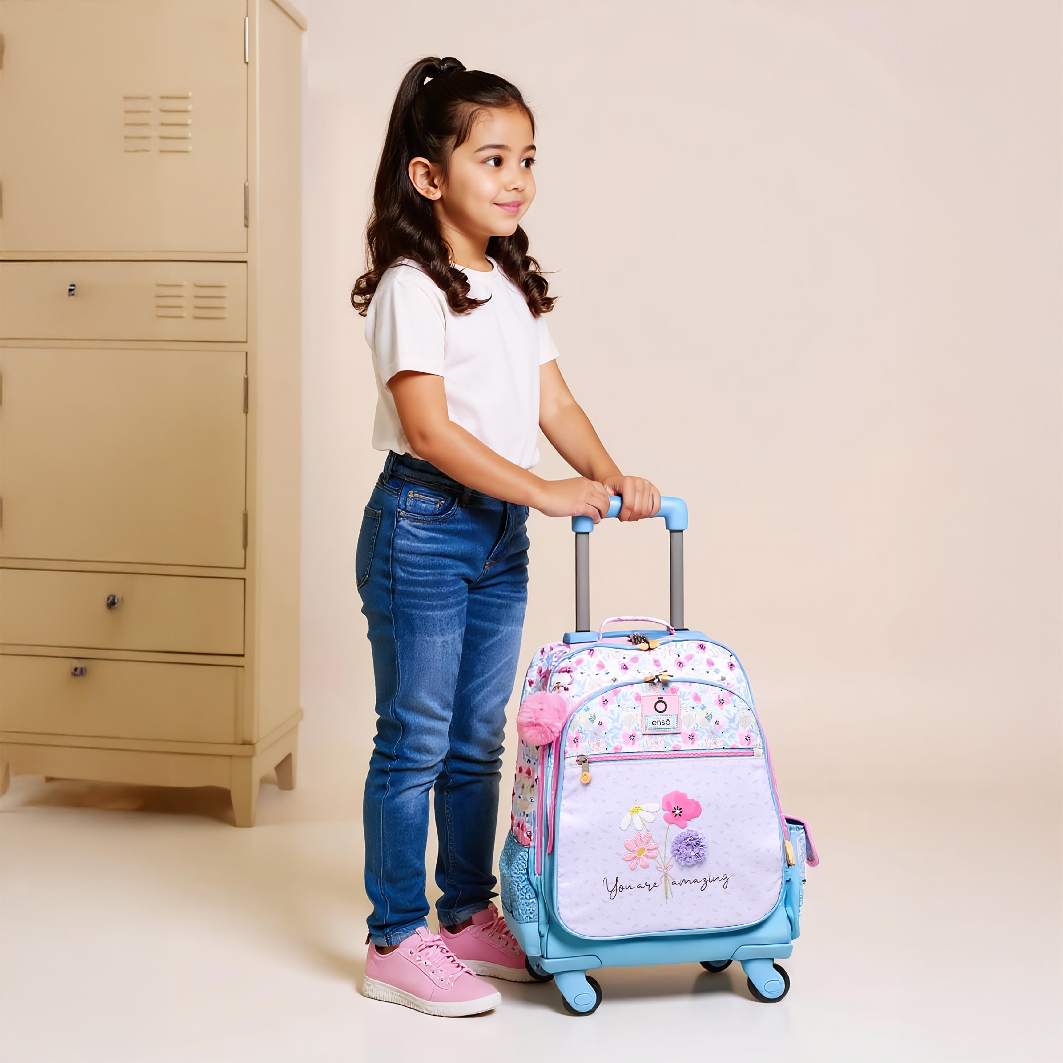 Enso Floral Trolley Bag for Girls 8-13 Years with Retractable Handle -school-bagsandbackpacks-trolleybags-image-3