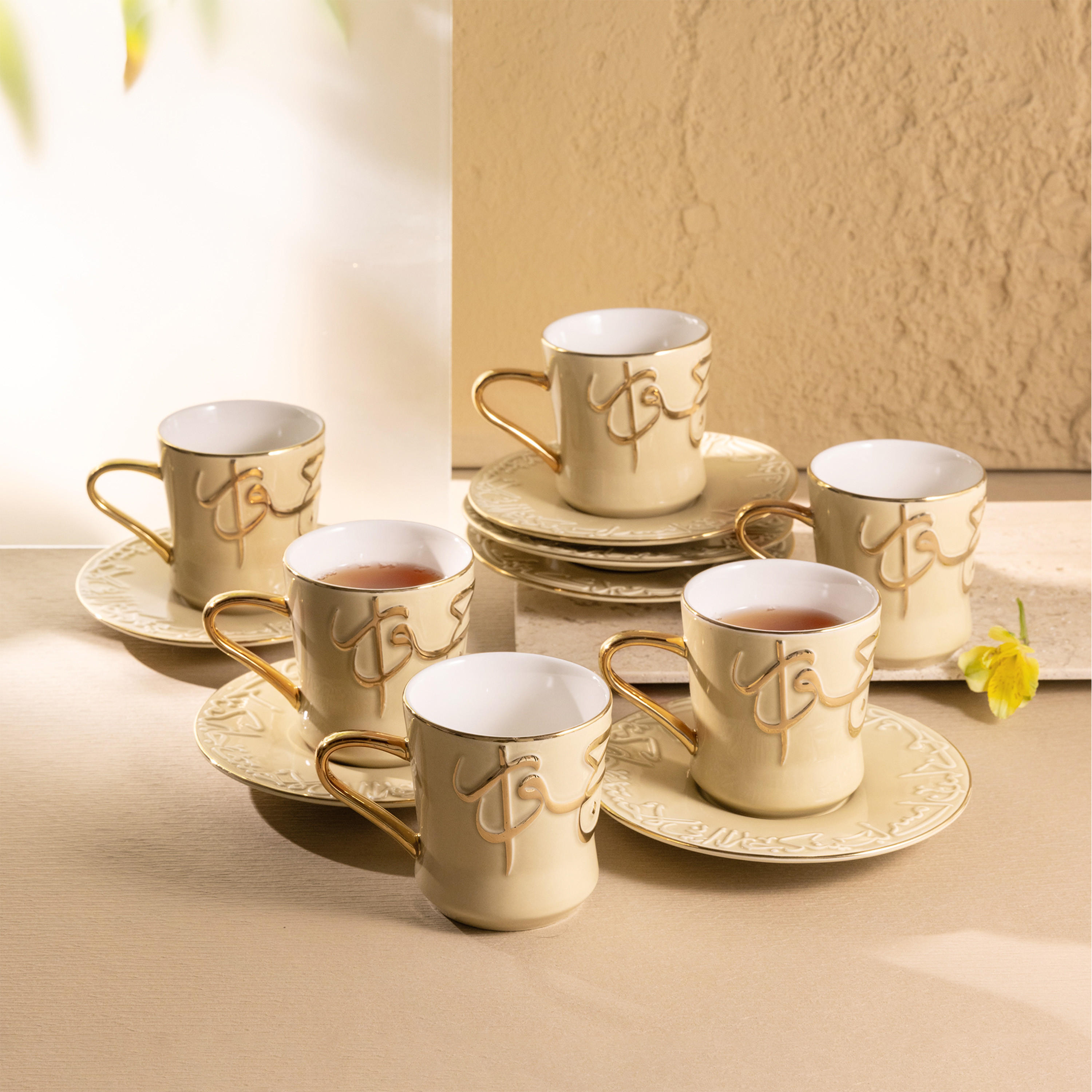 طقم فناجين شاي وصحون بورسلان بنقوش كاليجرافي 19 قطعة جيوار من أوتانتيك - 200 مل-household-dining-teaandcoffee-teaandcoffeesets-image-1