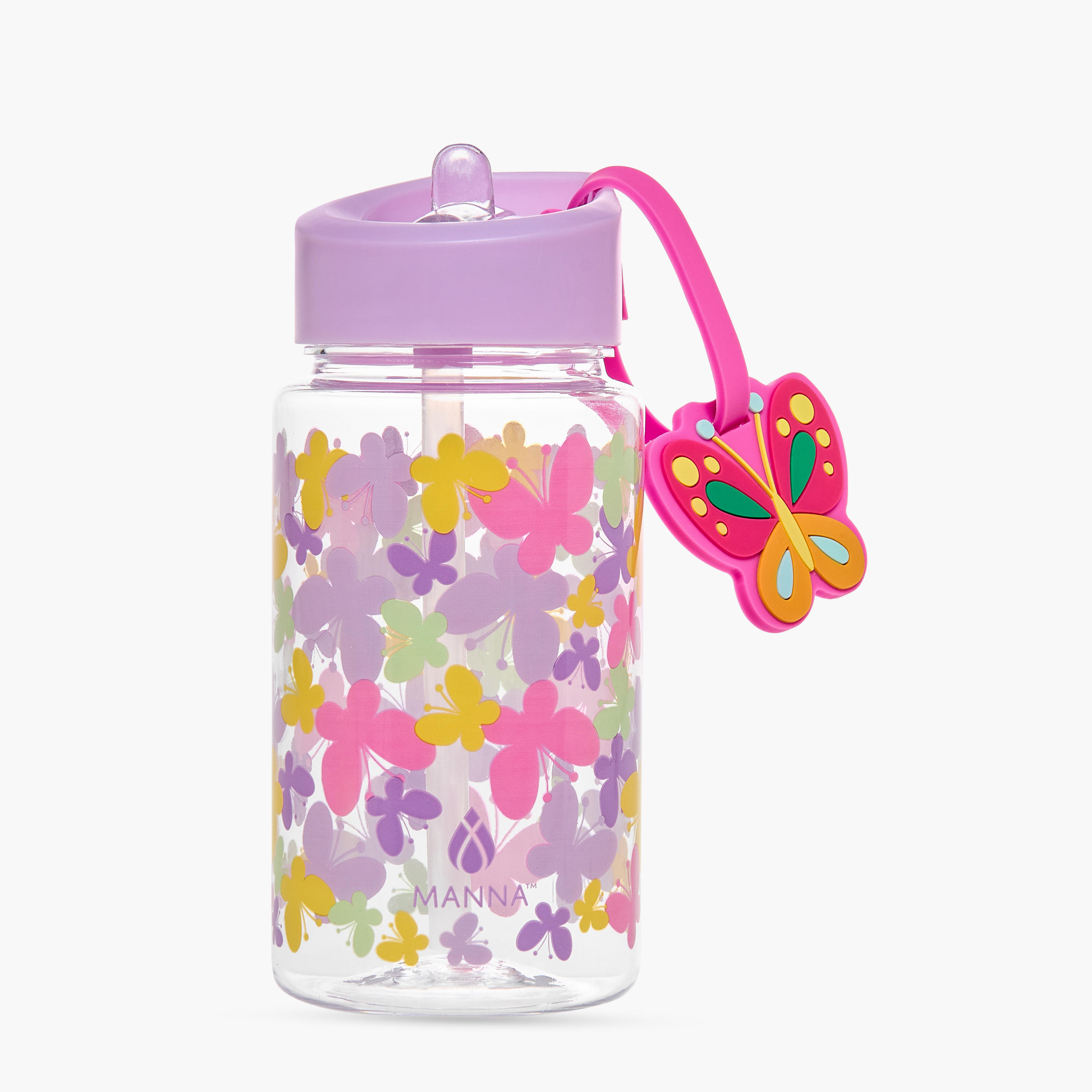 قارورة ماء بلاستيك بقشّة وحامل بطاقة الاسم وتصميم فراشة من مانا - 440 مل-school-waterbottles-image-1