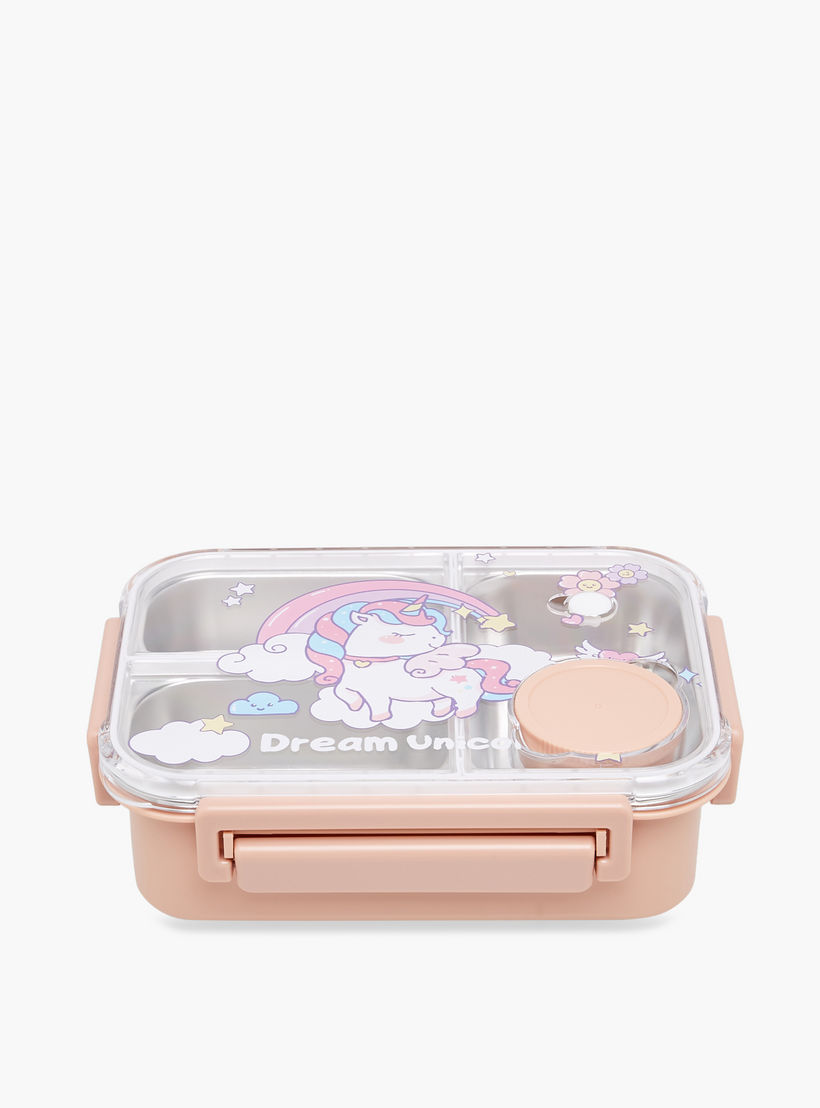 صندوق غداء ستانلس ستيل مقسم بطبعات يونيكورن مع غطاء قفل بمشبك-school-lunchessentials-lunchboxes-image-1