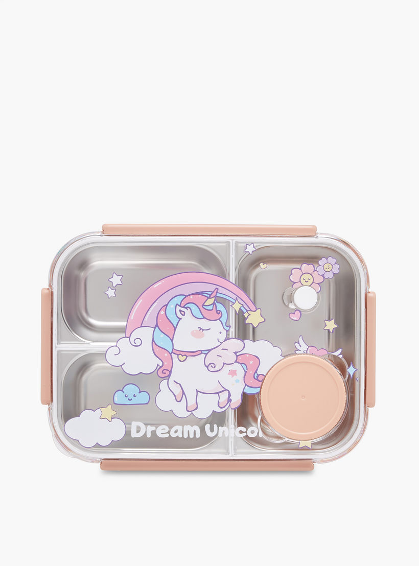 Unicorn Print Sectioned Stainless Steel Lunch Box with Clip Lock Lid-school-lunchessentials-lunchboxes-image-3