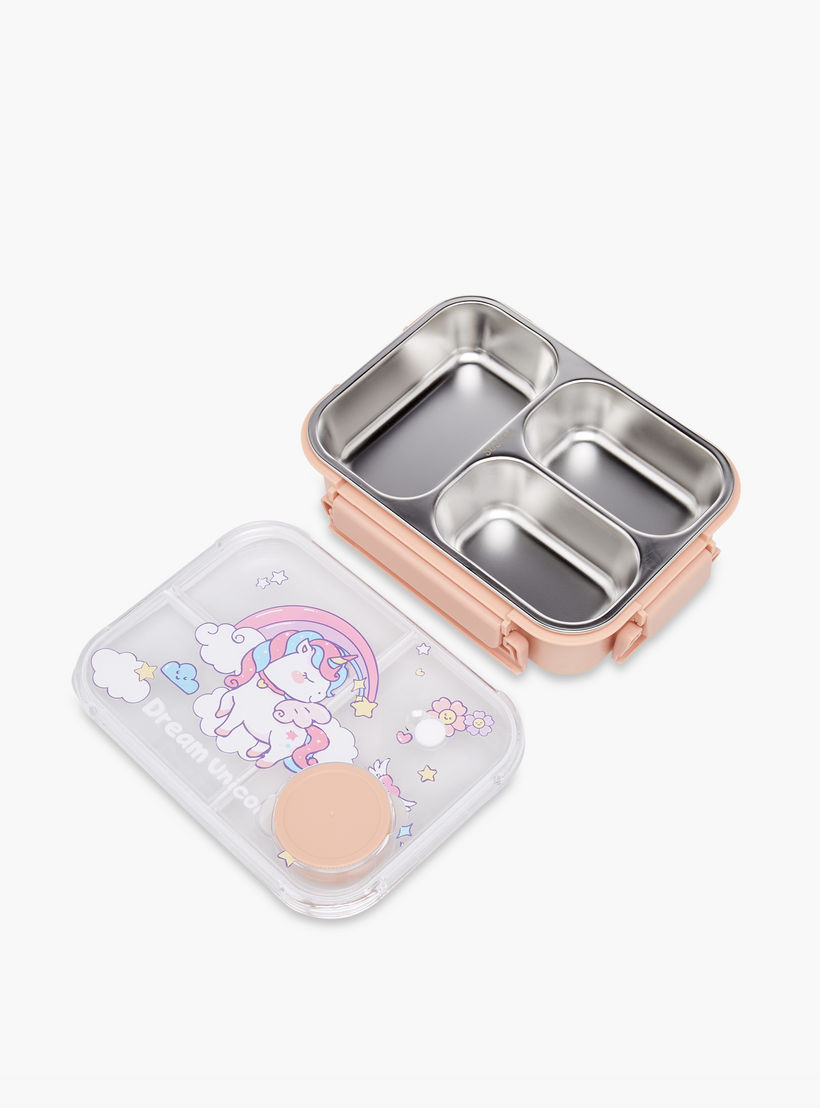 صندوق غداء ستانلس ستيل مقسم بطبعات يونيكورن مع غطاء قفل بمشبك-school-lunchessentials-lunchboxes-image-4