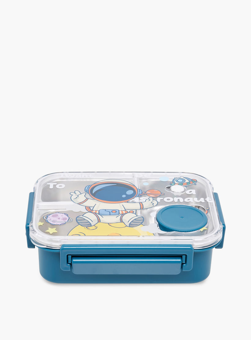 Astronaut Print Sectioned Stainless Steel Lunch Box with Clip Lock Closure-school-lunchessentials-lunchboxes-image-1