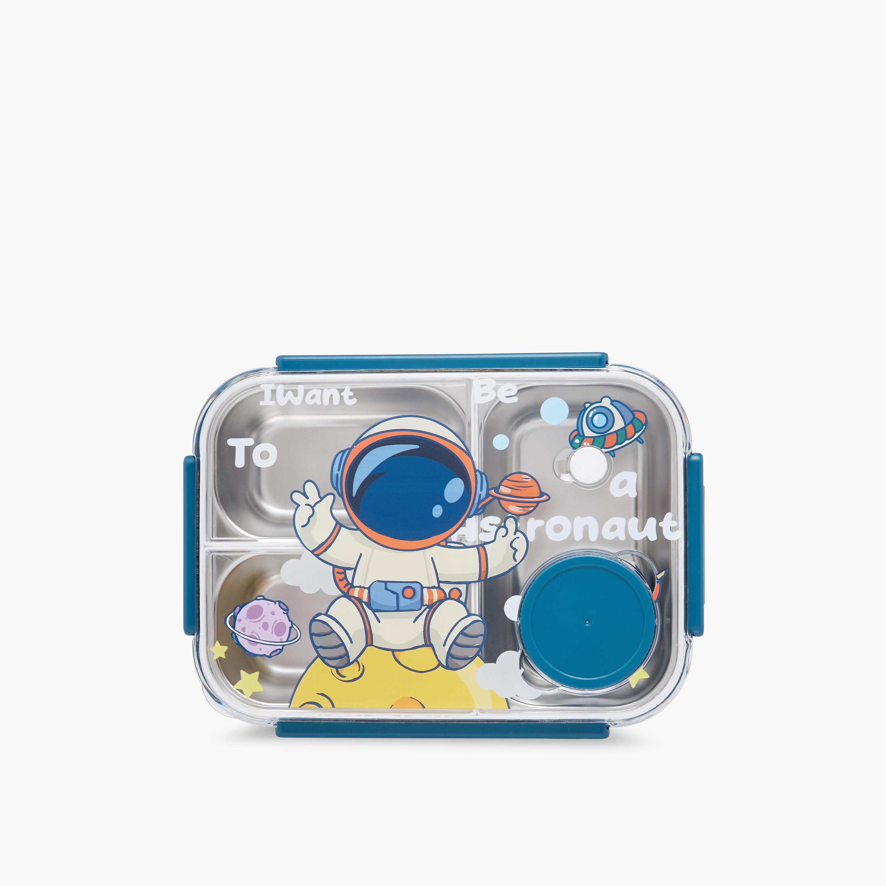 Astronaut Print Sectioned Stainless Steel Lunch Box with Clip Lock Closure-school-lunchessentials-lunchboxes-image-3