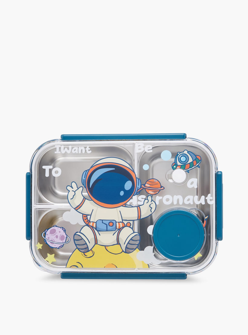 Astronaut Print Sectioned Stainless Steel Lunch Box with Clip Lock Closure-school-lunchessentials-lunchboxes-image-3