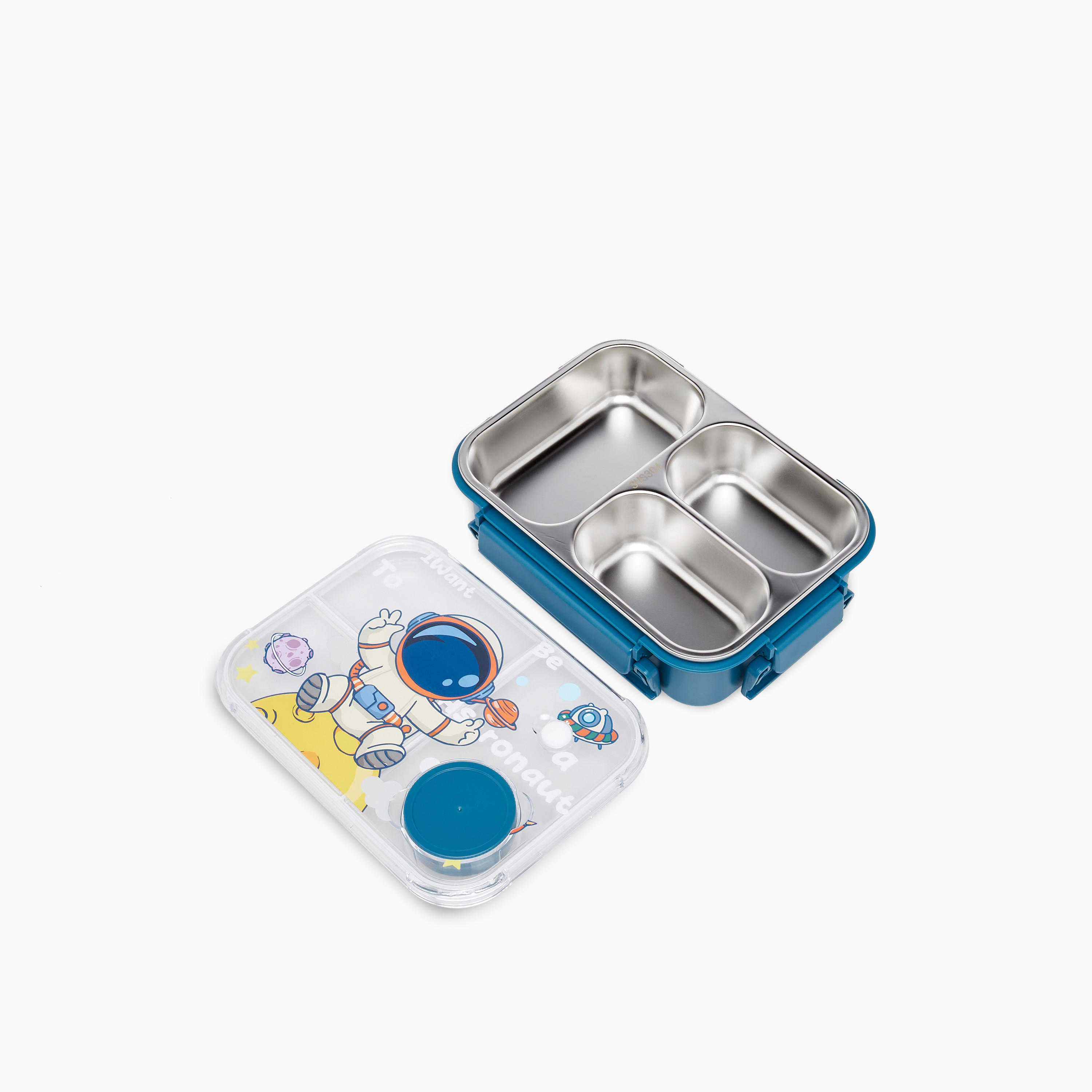 Astronaut Print Sectioned Stainless Steel Lunch Box with Clip Lock Closure-school-lunchessentials-lunchboxes-image-4